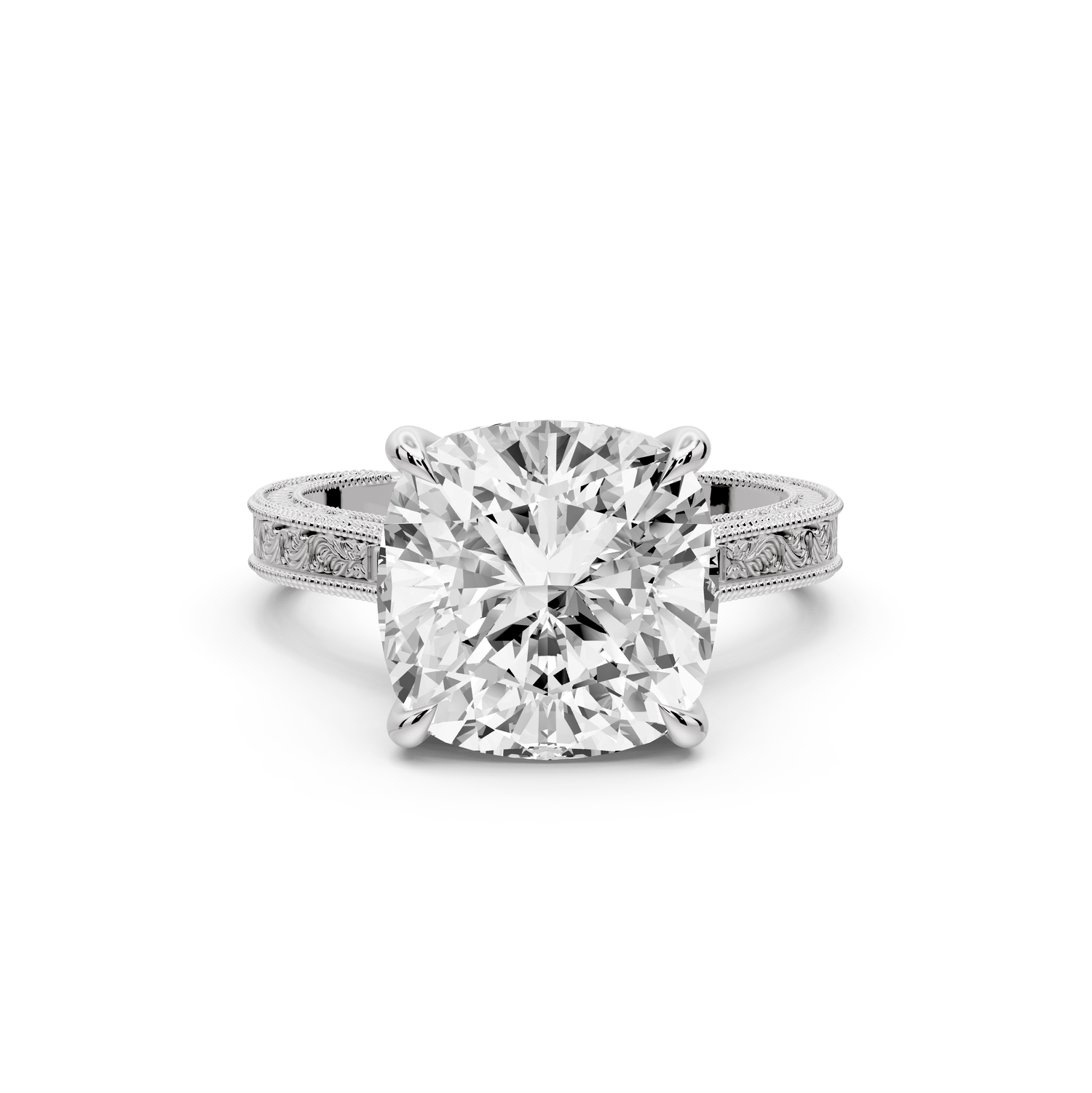 Daniel - 5ct platinum Cushion Vintage-Inspired Solitaire Engagement Ring with Hand-Engraved Milgrain Band