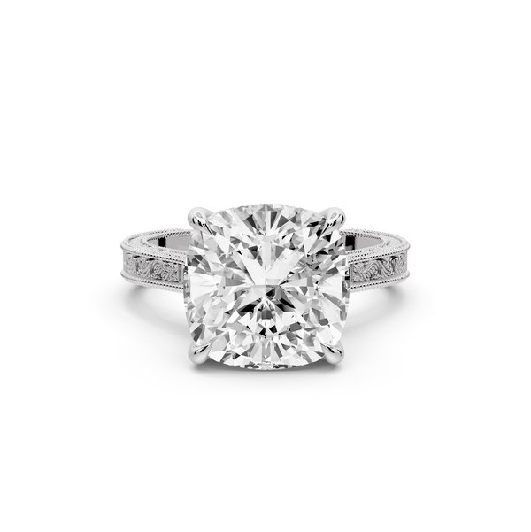 Daniel - 5ct platinum Cushion Vintage-Inspired Solitaire Engagement Ring with Hand-Engraved Milgrain Band