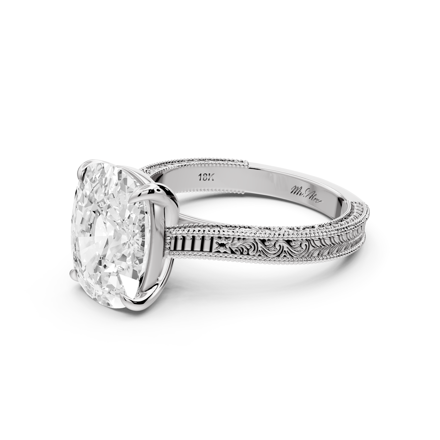 Daniel - 5ct platinum Ecushion Vintage-Inspired Solitaire Engagement Ring with Hand-Engraved Milgrain Band