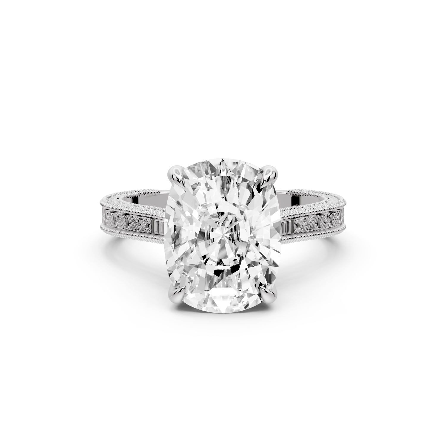 Daniel - 5ct platinum Ecushion Vintage-Inspired Solitaire Engagement Ring with Hand-Engraved Milgrain Band