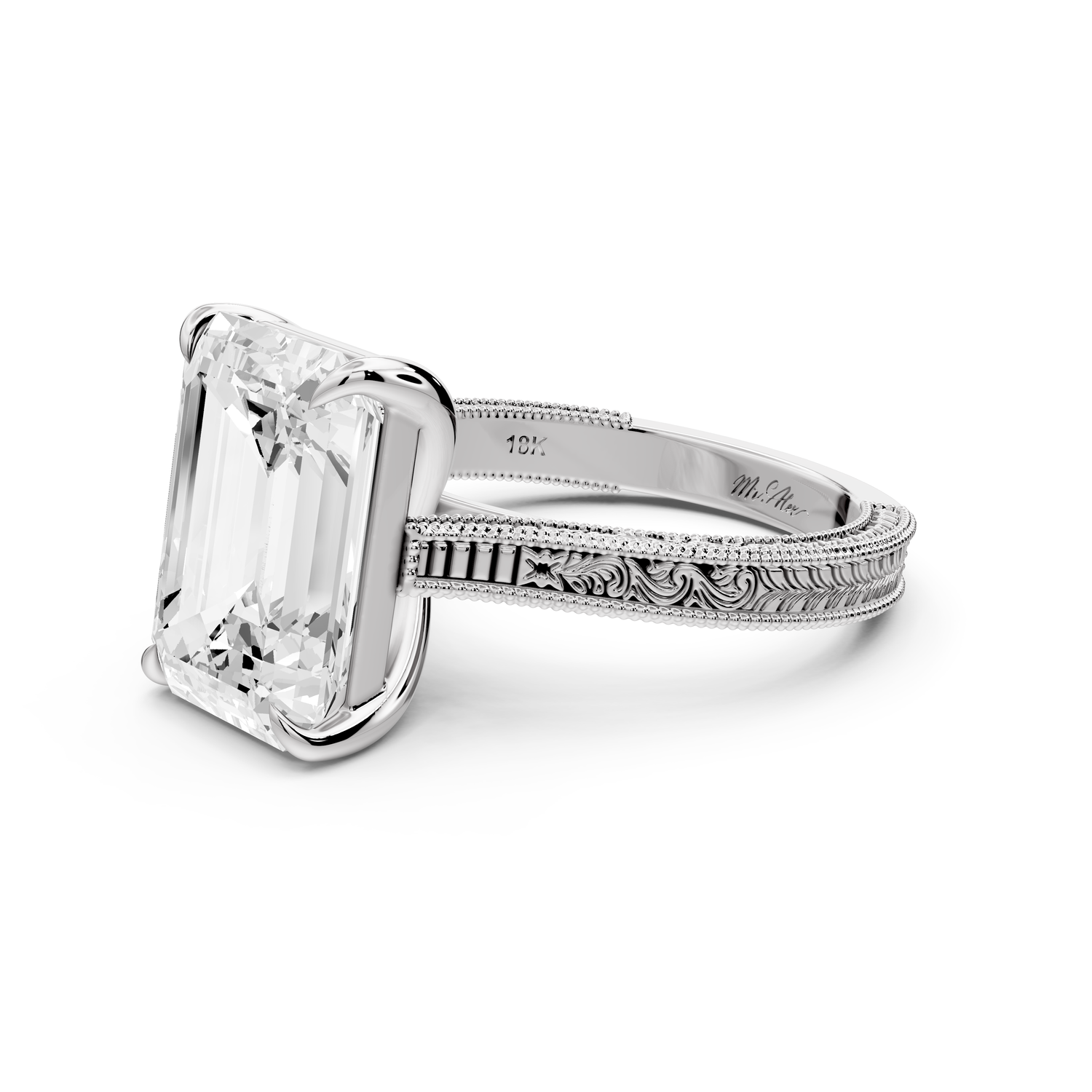Daniel - 5ct platinum Emerald Vintage-Inspired Solitaire Engagement Ring with Hand-Engraved Milgrain Band