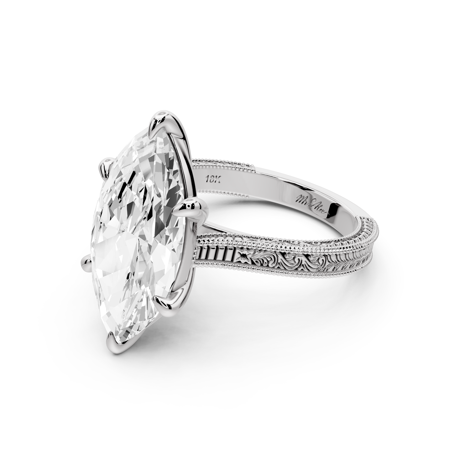 Daniel - 5ct platinum Marquise Vintage-Inspired Solitaire Engagement Ring with Hand-Engraved Milgrain Band