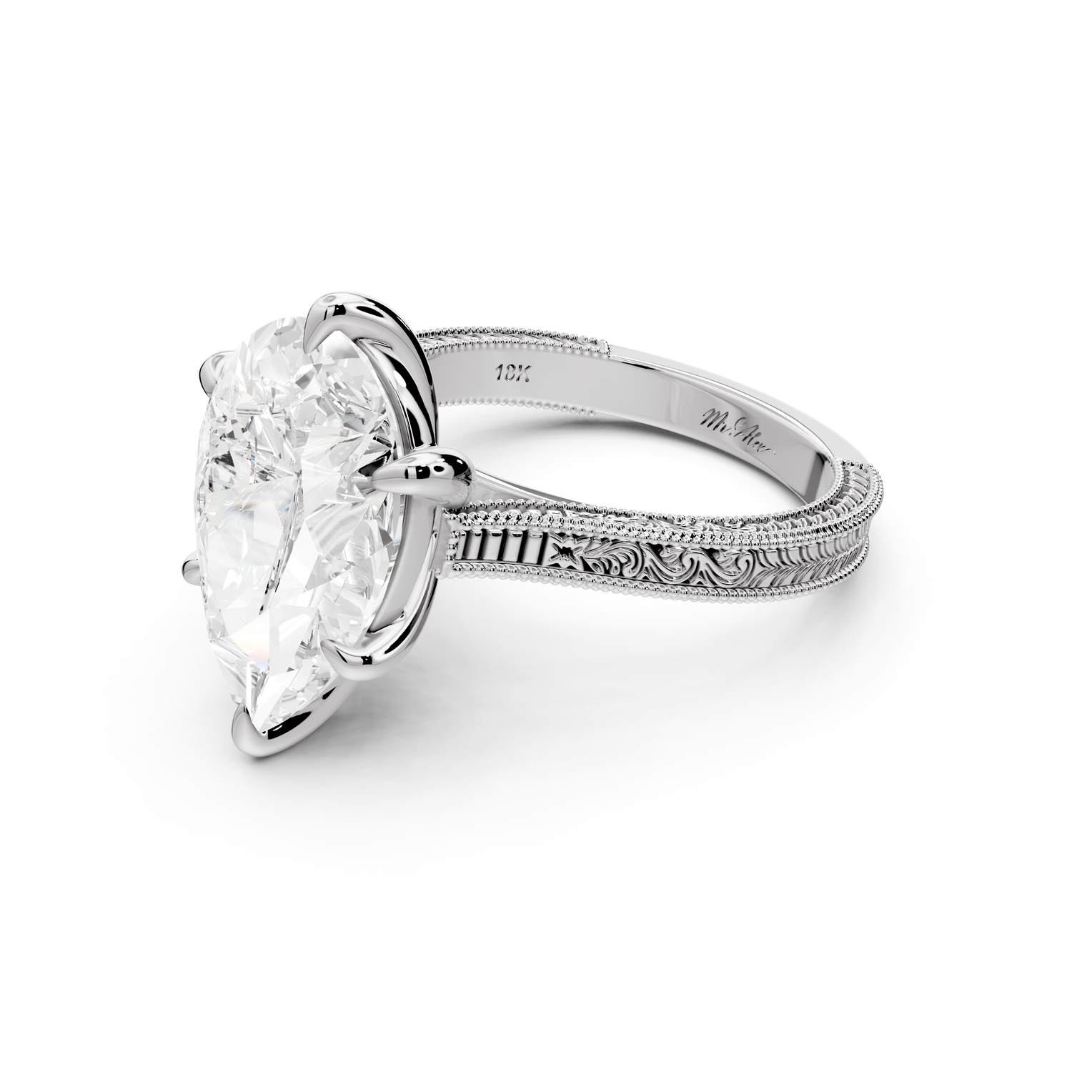 Daniel - 5ct platinum Pear Vintage-Inspired Solitaire Engagement Ring with Hand-Engraved Milgrain Band