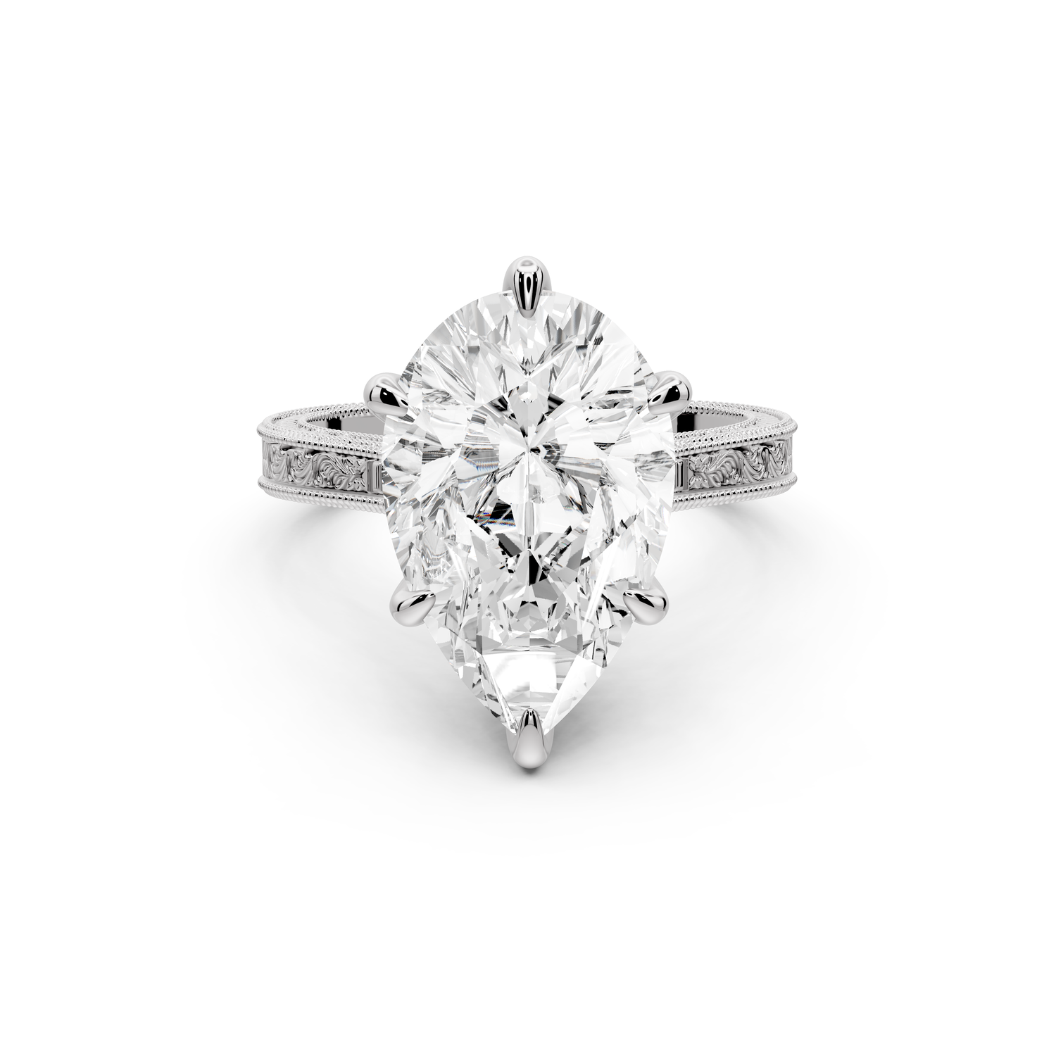 Daniel - 5ct platinum Pear Vintage-Inspired Solitaire Engagement Ring with Hand-Engraved Milgrain Band
