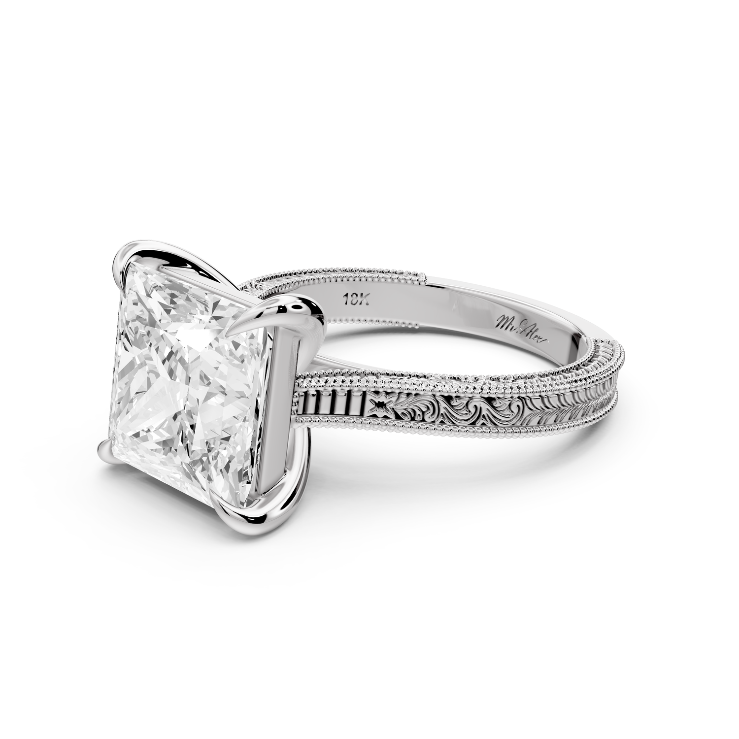 Daniel - 5ct platinum Princess Vintage-Inspired Solitaire Engagement Ring with Hand-Engraved Milgrain Band