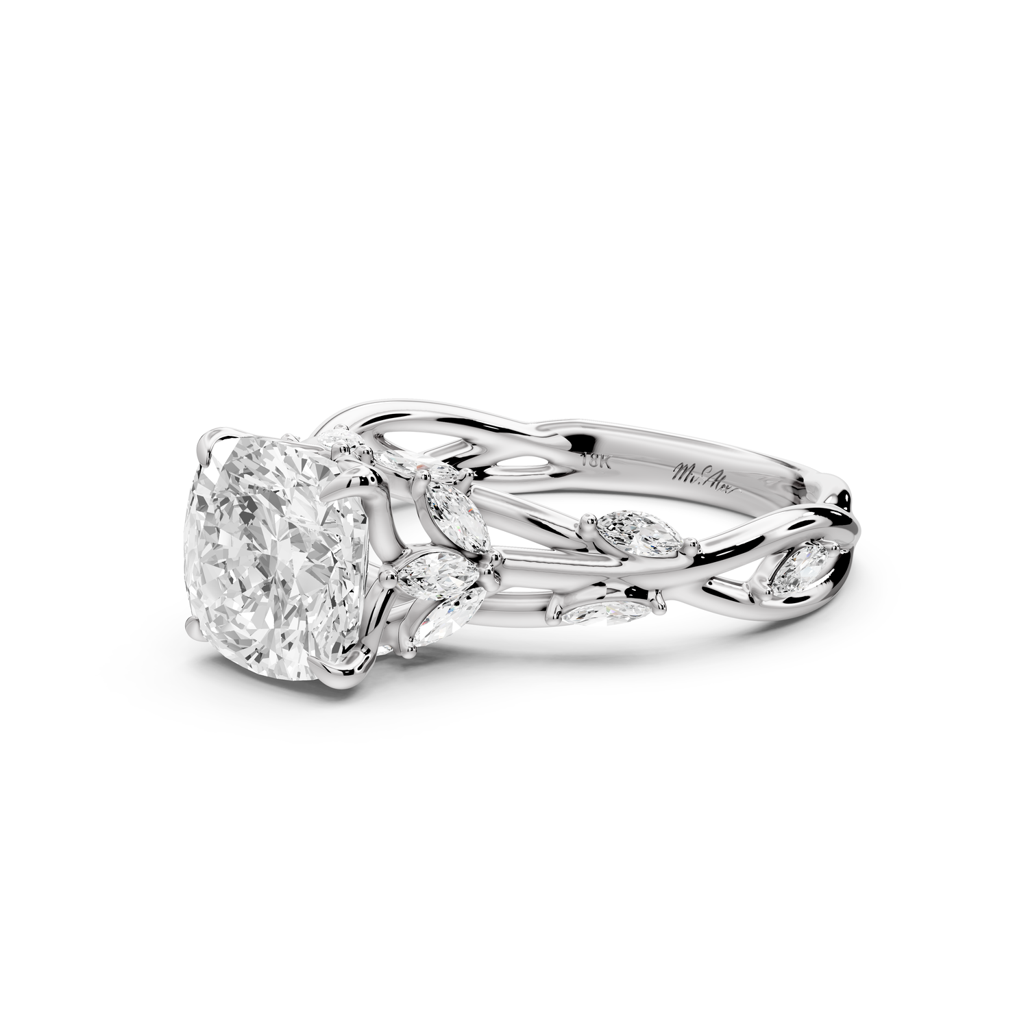 Sarah - 2ct platinum Cushion Nature-Inspired Engagement Ring with Sculpted Vine and Leaf Side Stones