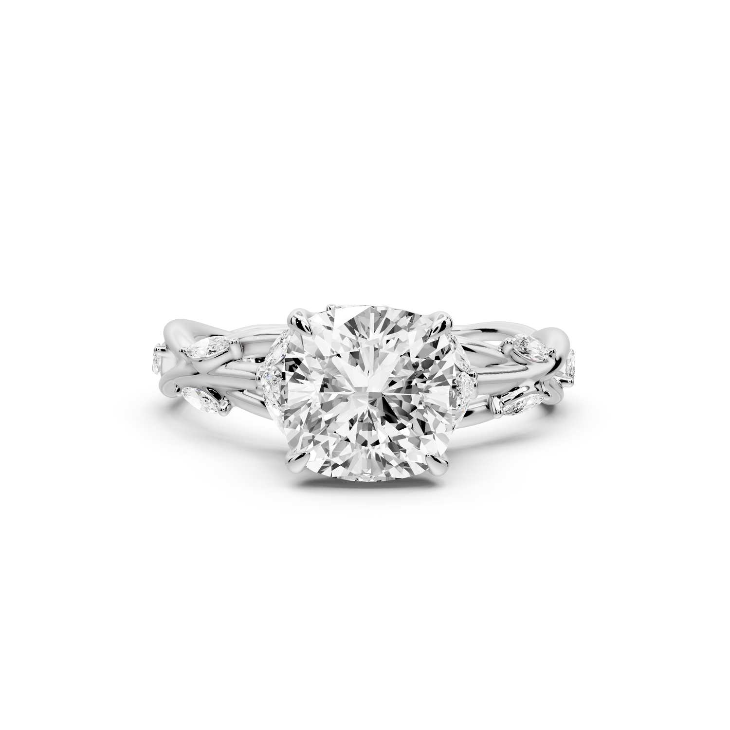 Sarah - 2ct platinum Cushion Nature-Inspired Engagement Ring with Sculpted Vine and Leaf Side Stones