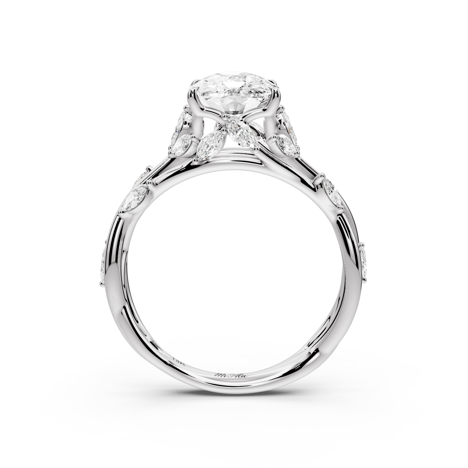 Sarah - 2ct platinum Ecushion Nature-Inspired Engagement Ring with Sculpted Vine and Leaf Side Stones