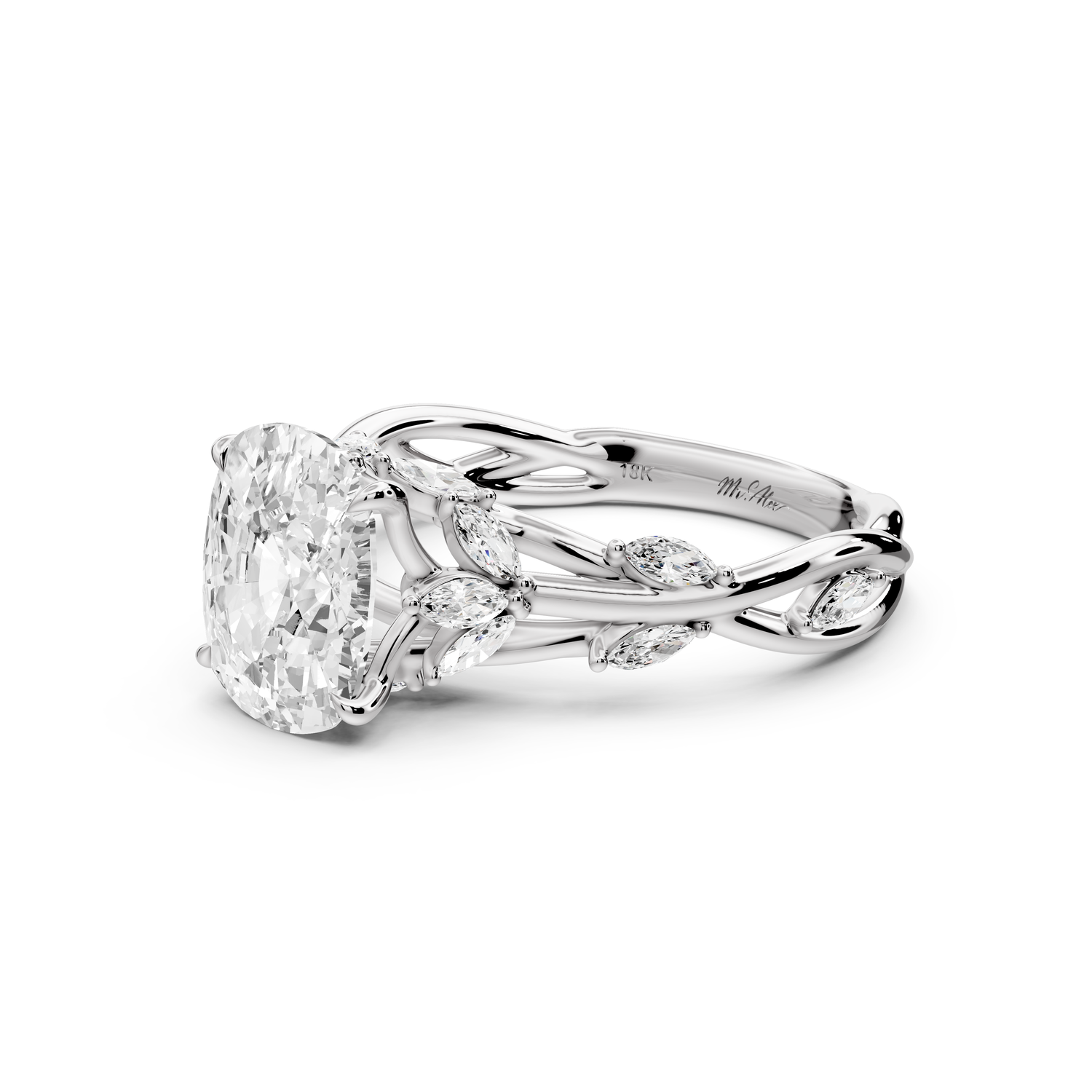Sarah - 2ct platinum Ecushion Nature-Inspired Engagement Ring with Sculpted Vine and Leaf Side Stones