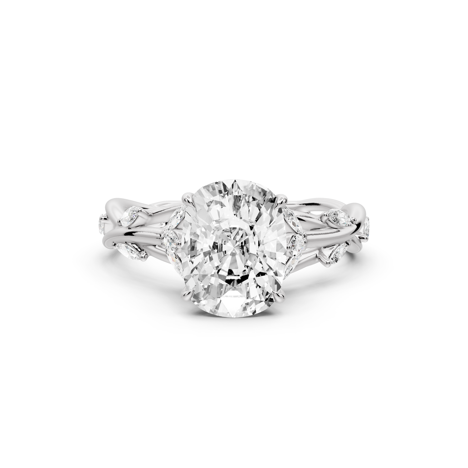 Sarah - 2ct platinum Ecushion Nature-Inspired Engagement Ring with Sculpted Vine and Leaf Side Stones