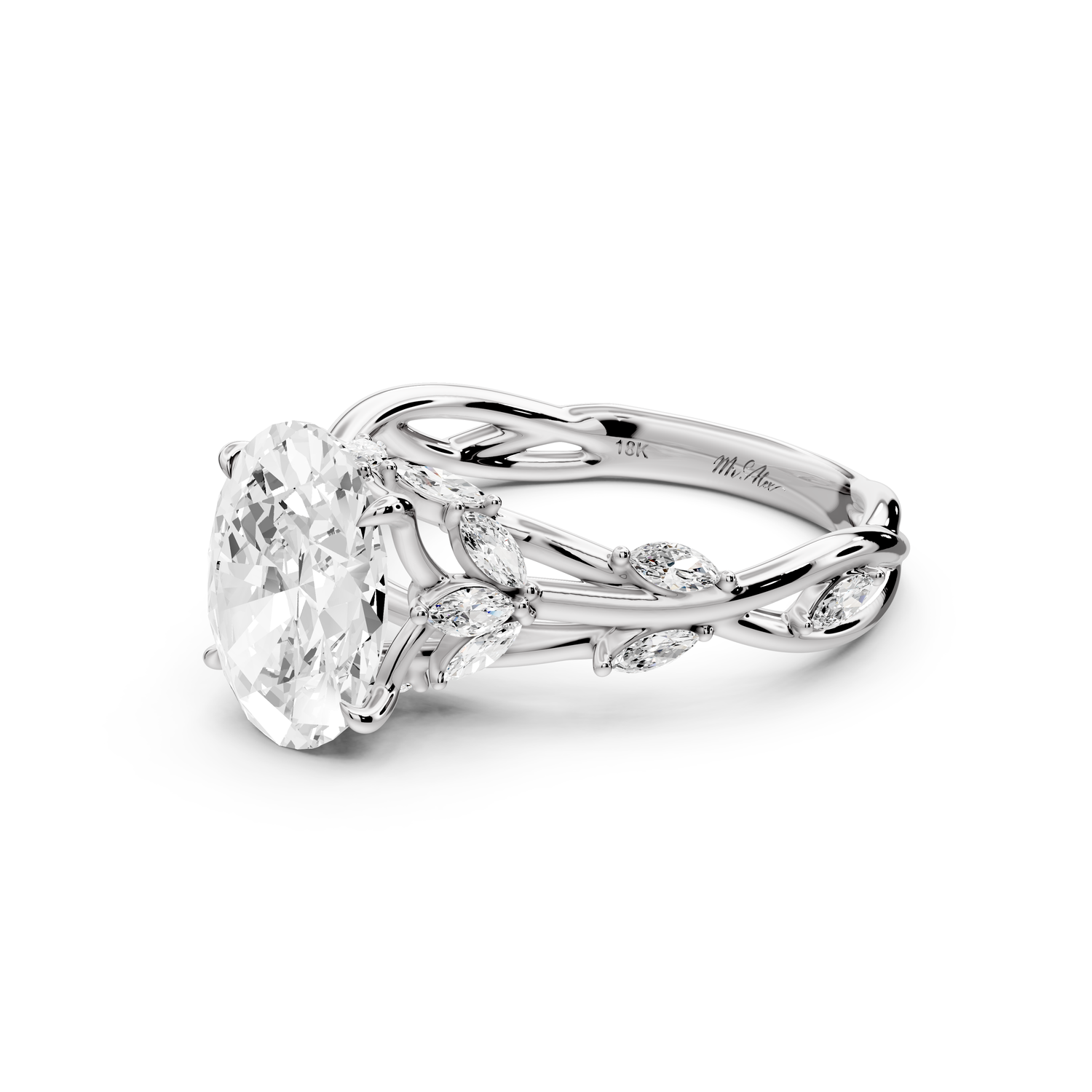 Sarah - 2ct platinum Oval Nature-Inspired Engagement Ring with Sculpted Vine and Leaf Side Stones