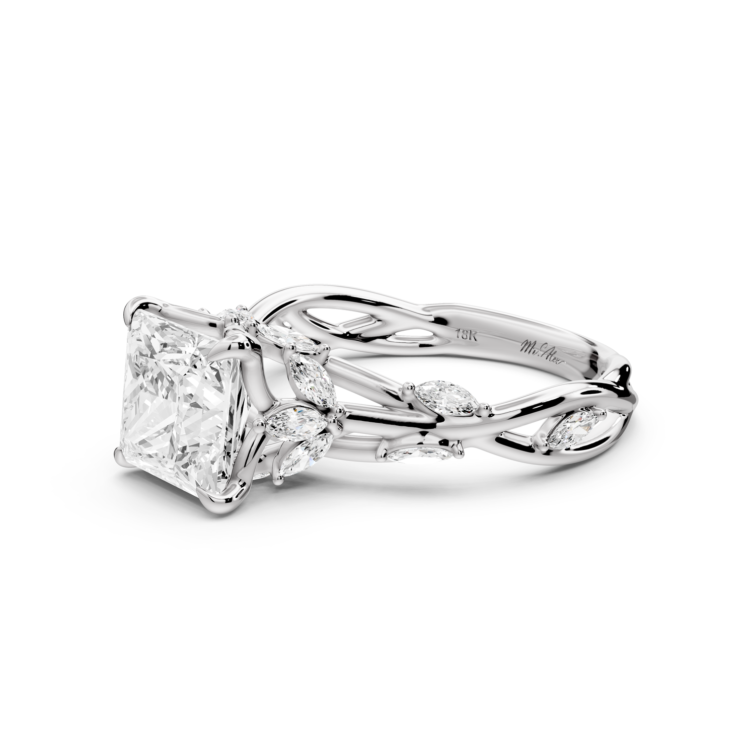 Sarah - 2ct platinum Princess Nature-Inspired Engagement Ring with Sculpted Vine and Leaf Side Stones