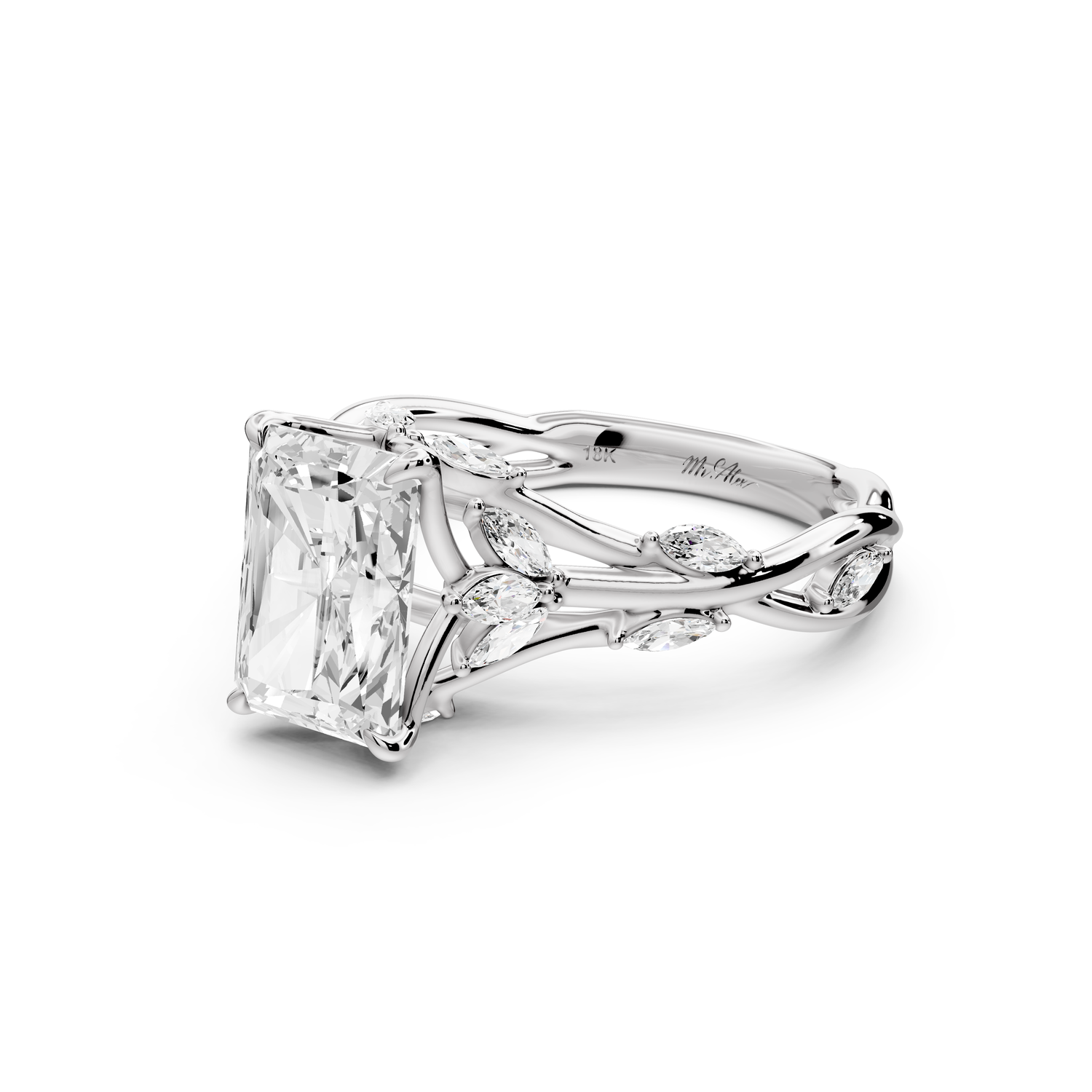 Sarah - 2ct platinum Radiant Nature-Inspired Engagement Ring with Sculpted Vine and Leaf Side Stones