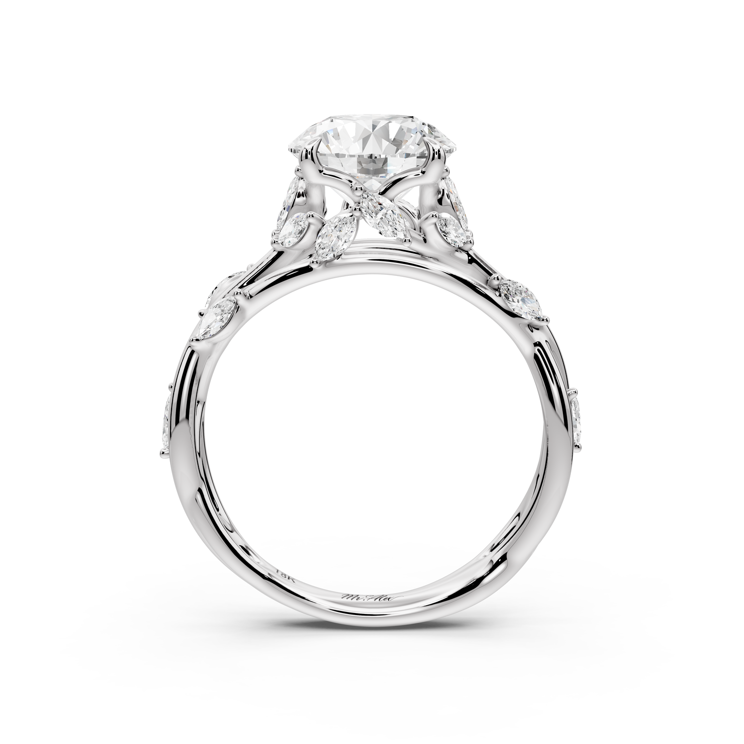 Sarah - 2ct platinum Round Nature-Inspired Engagement Ring with Sculpted Vine and Leaf Side Stones