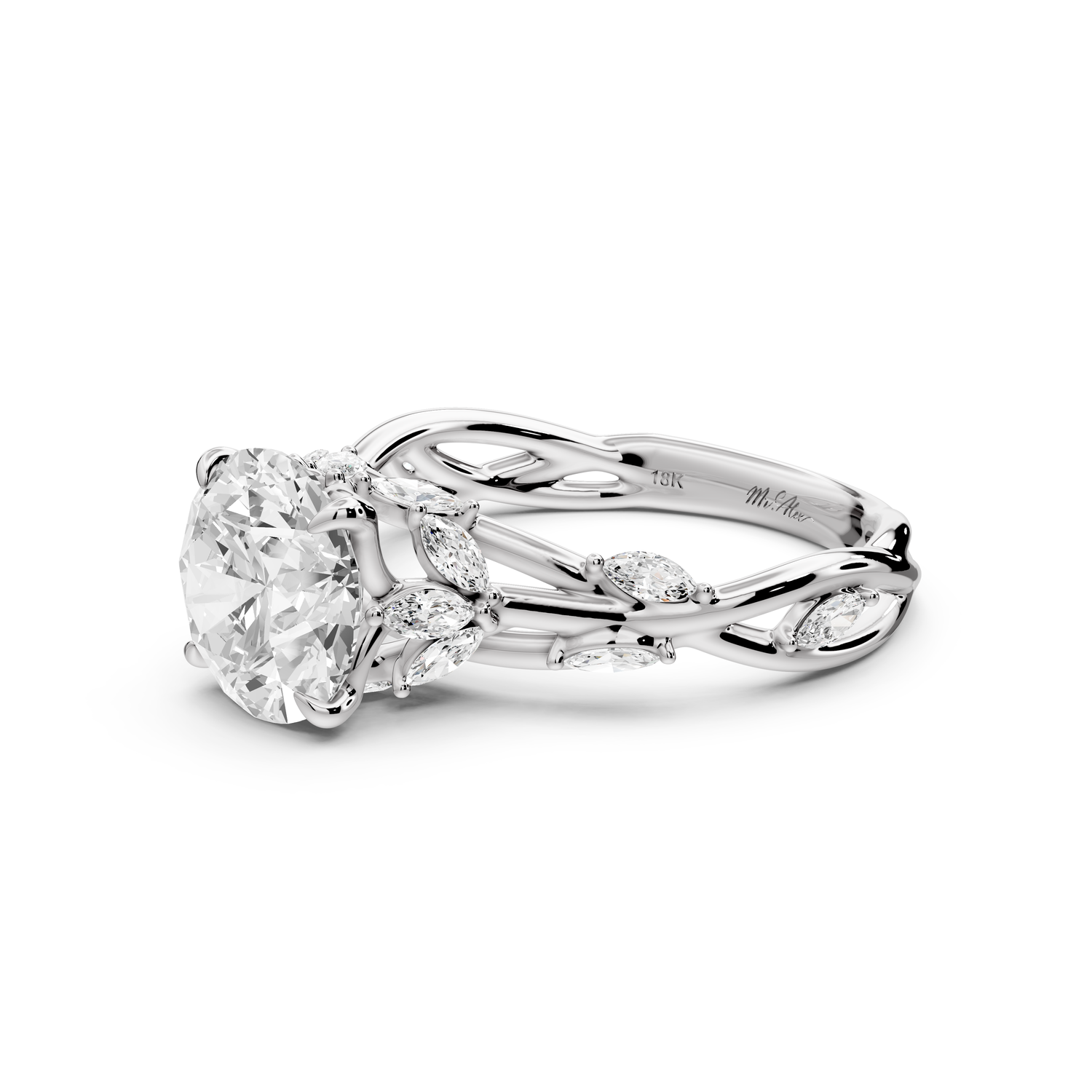 Sarah - 2ct platinum Round Nature-Inspired Engagement Ring with Sculpted Vine and Leaf Side Stones