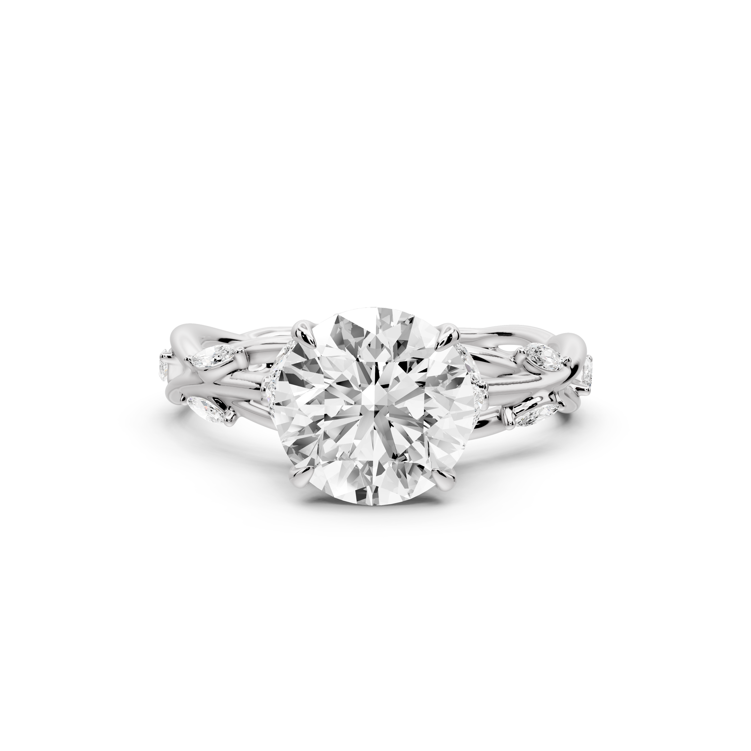 Sarah - 2ct platinum Round Nature-Inspired Engagement Ring with Sculpted Vine and Leaf Side Stones