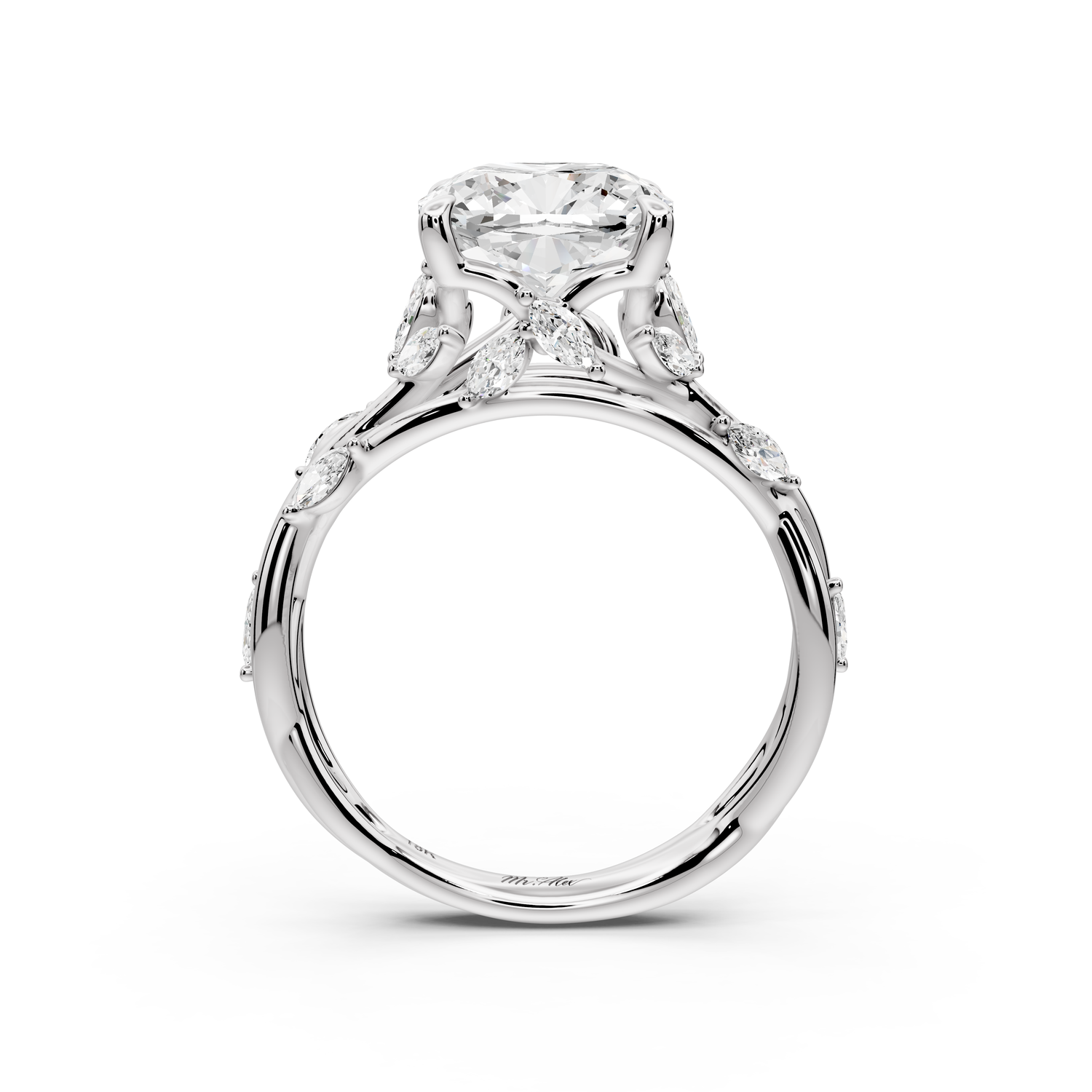 Sarah - 3ct platinum Cushion Nature-Inspired Engagement Ring with Sculpted Vine and Leaf Side Stones