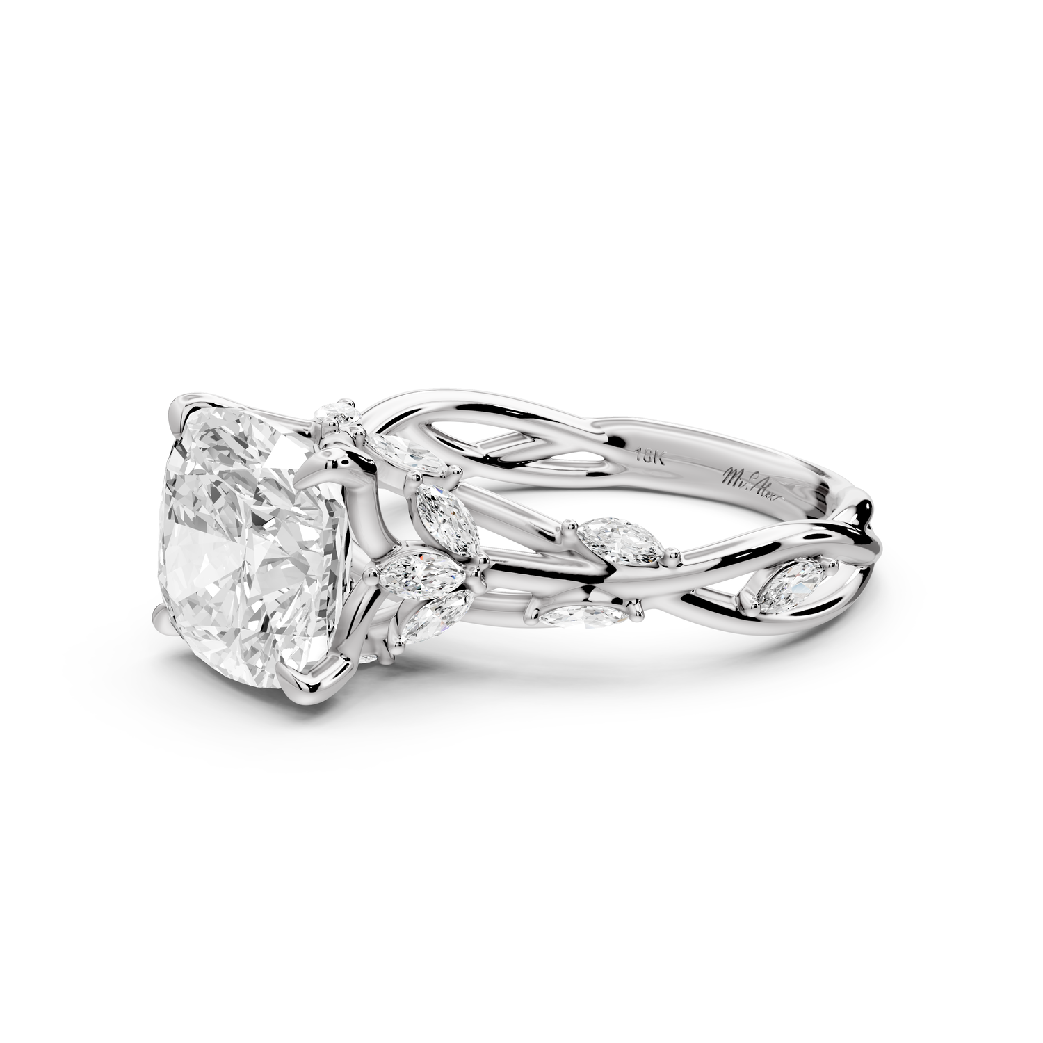Sarah - 3ct platinum Cushion Nature-Inspired Engagement Ring with Sculpted Vine and Leaf Side Stones