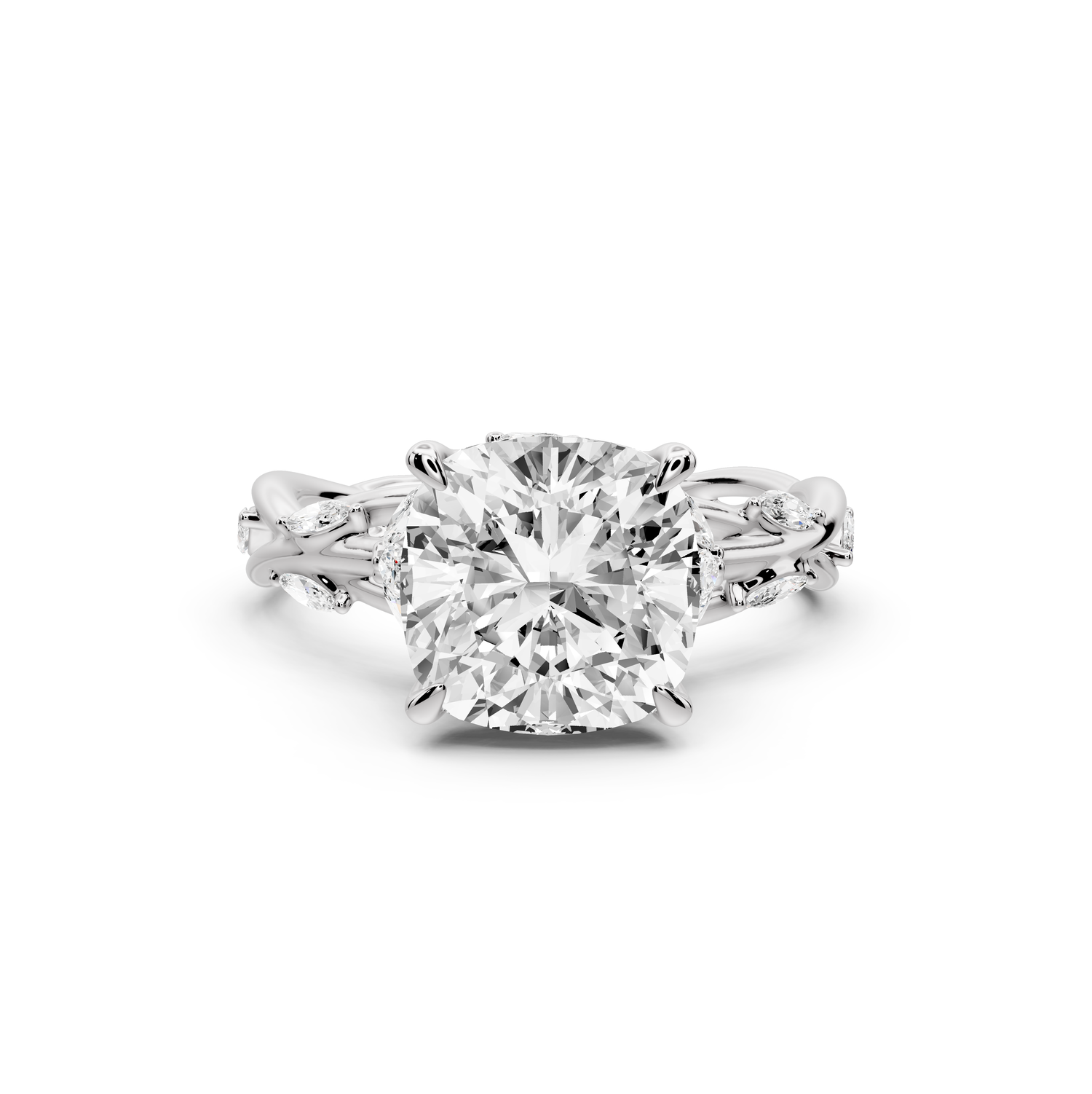 Sarah - 3ct platinum Cushion Nature-Inspired Engagement Ring with Sculpted Vine and Leaf Side Stones