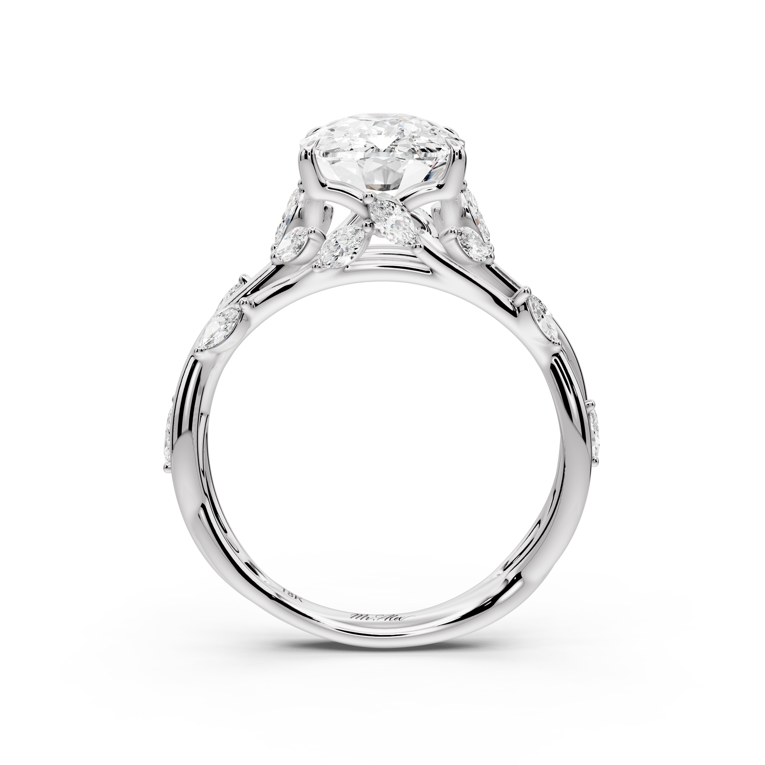 Sarah - 3ct platinum Ecushion Nature-Inspired Engagement Ring with Sculpted Vine and Leaf Side Stones