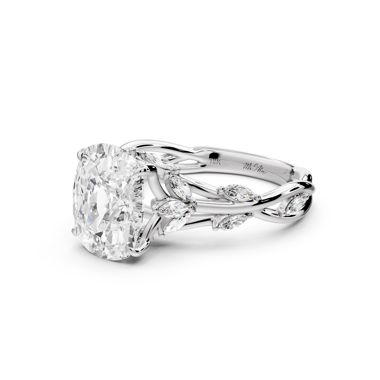 Sarah - 3ct platinum Ecushion Nature-Inspired Engagement Ring with Sculpted Vine and Leaf Side Stones