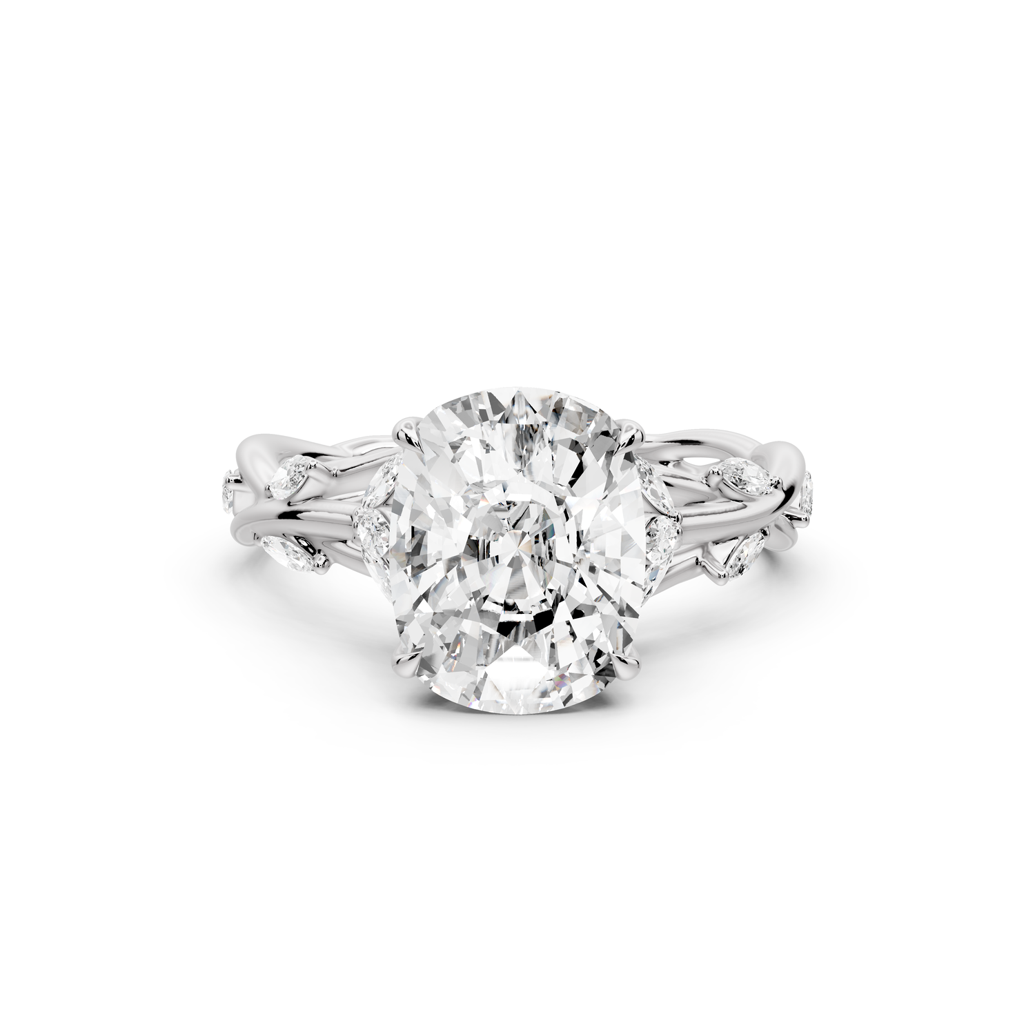 Sarah - 3ct platinum Ecushion Nature-Inspired Engagement Ring with Sculpted Vine and Leaf Side Stones