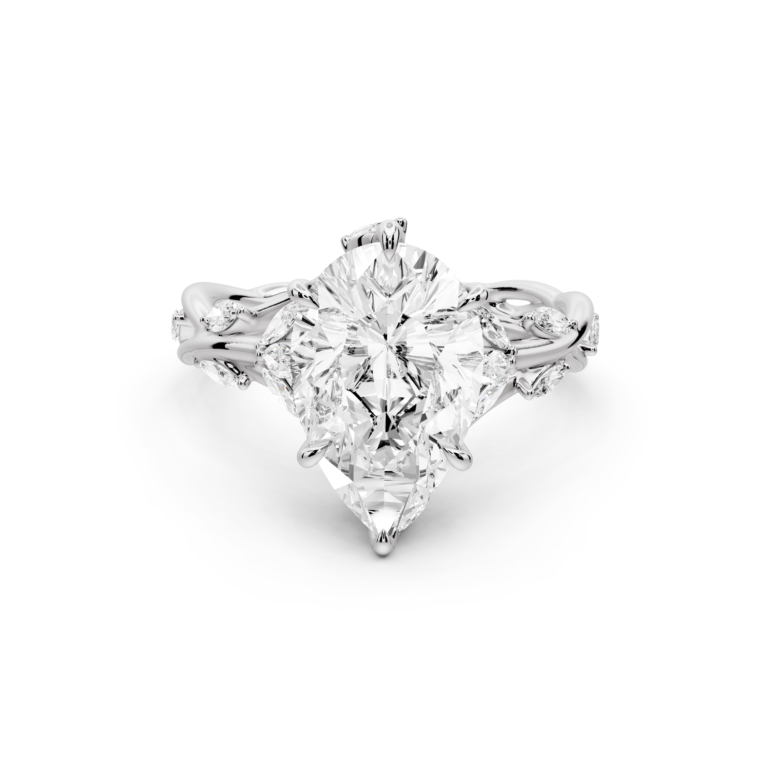 Sarah - 3ct platinum Pear Nature-Inspired Engagement Ring with Sculpted Vine and Leaf Side Stones