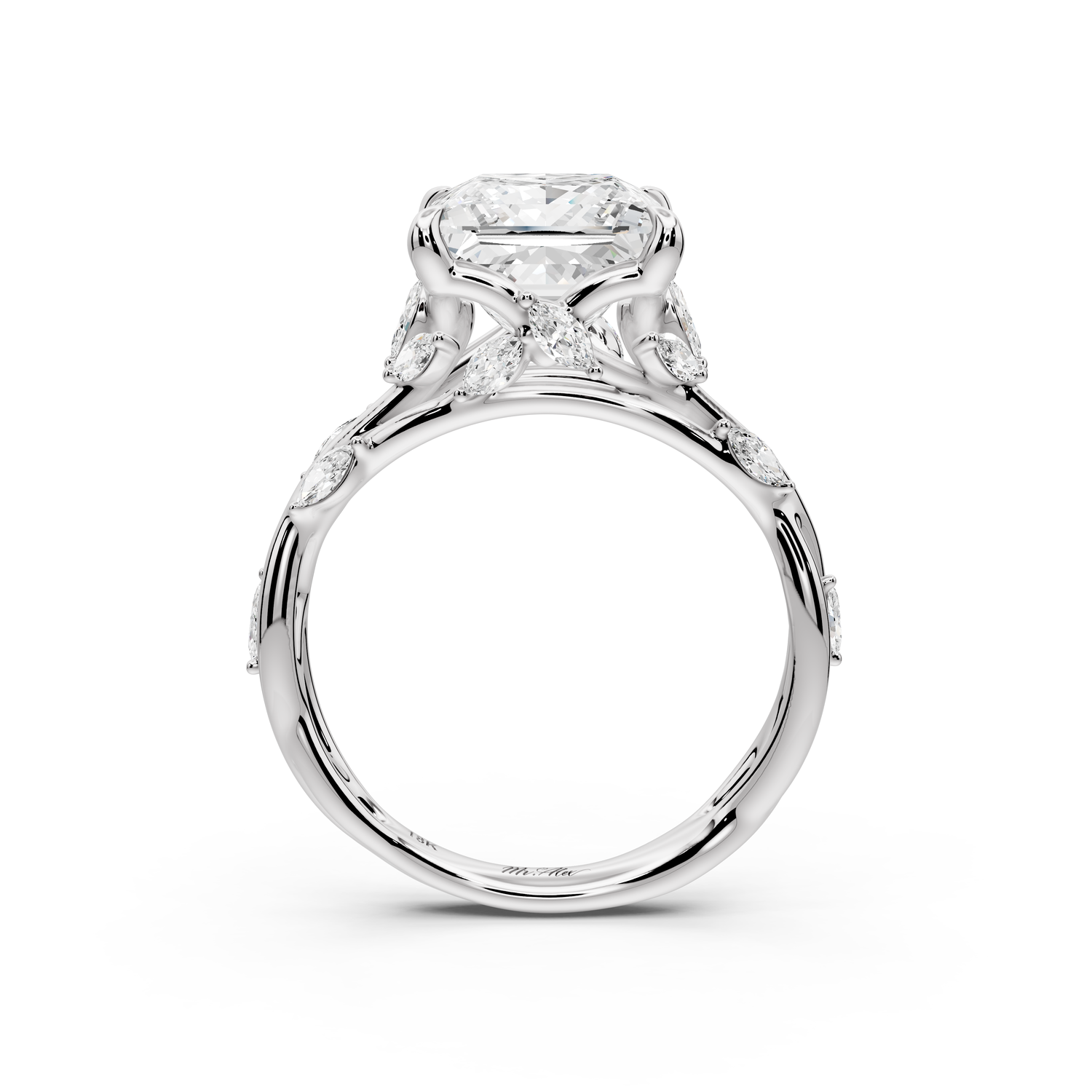 Sarah - 3ct platinum Princess Nature-Inspired Engagement Ring with Sculpted Vine and Leaf Side Stones