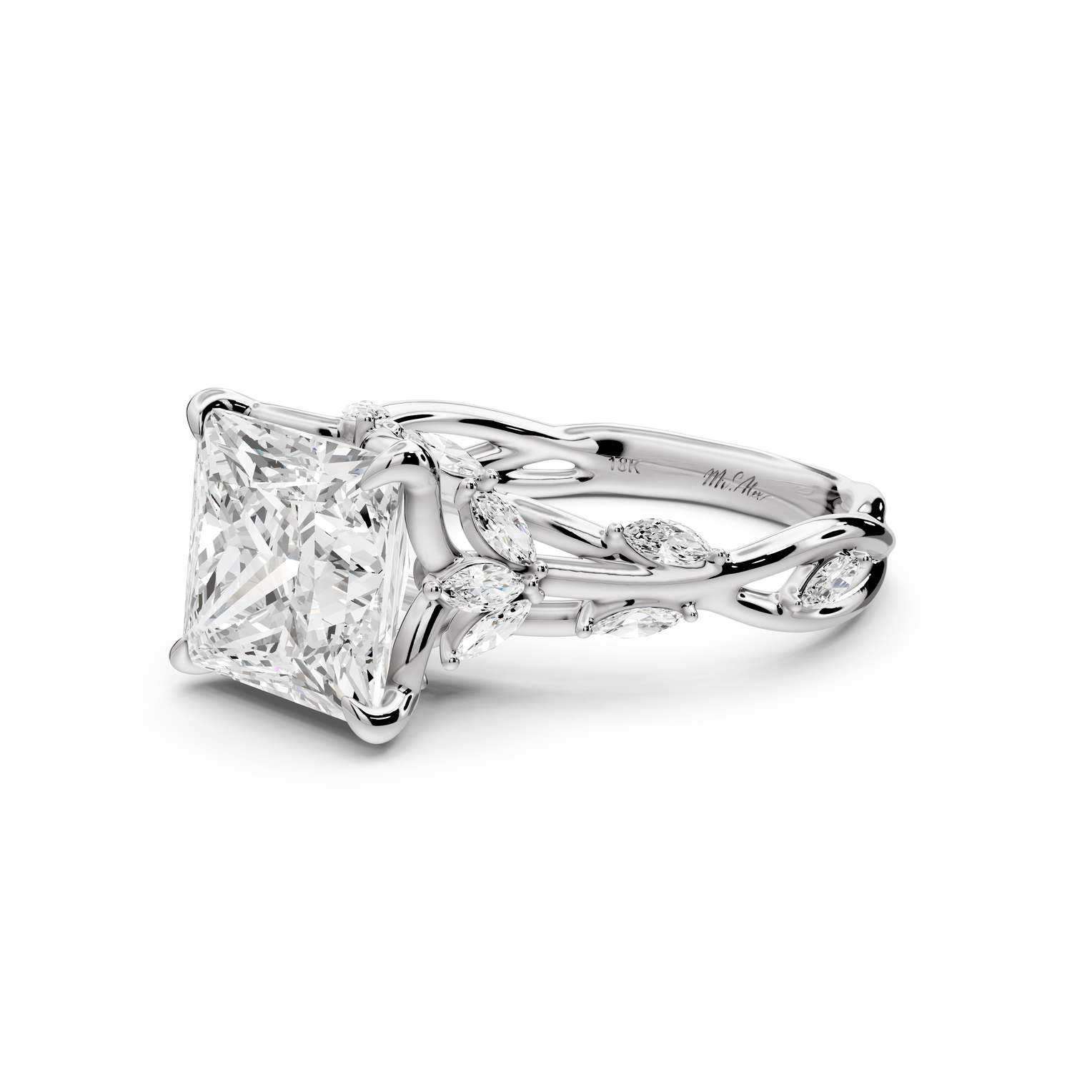 Sarah - 3ct platinum Princess Nature-Inspired Engagement Ring with Sculpted Vine and Leaf Side Stones