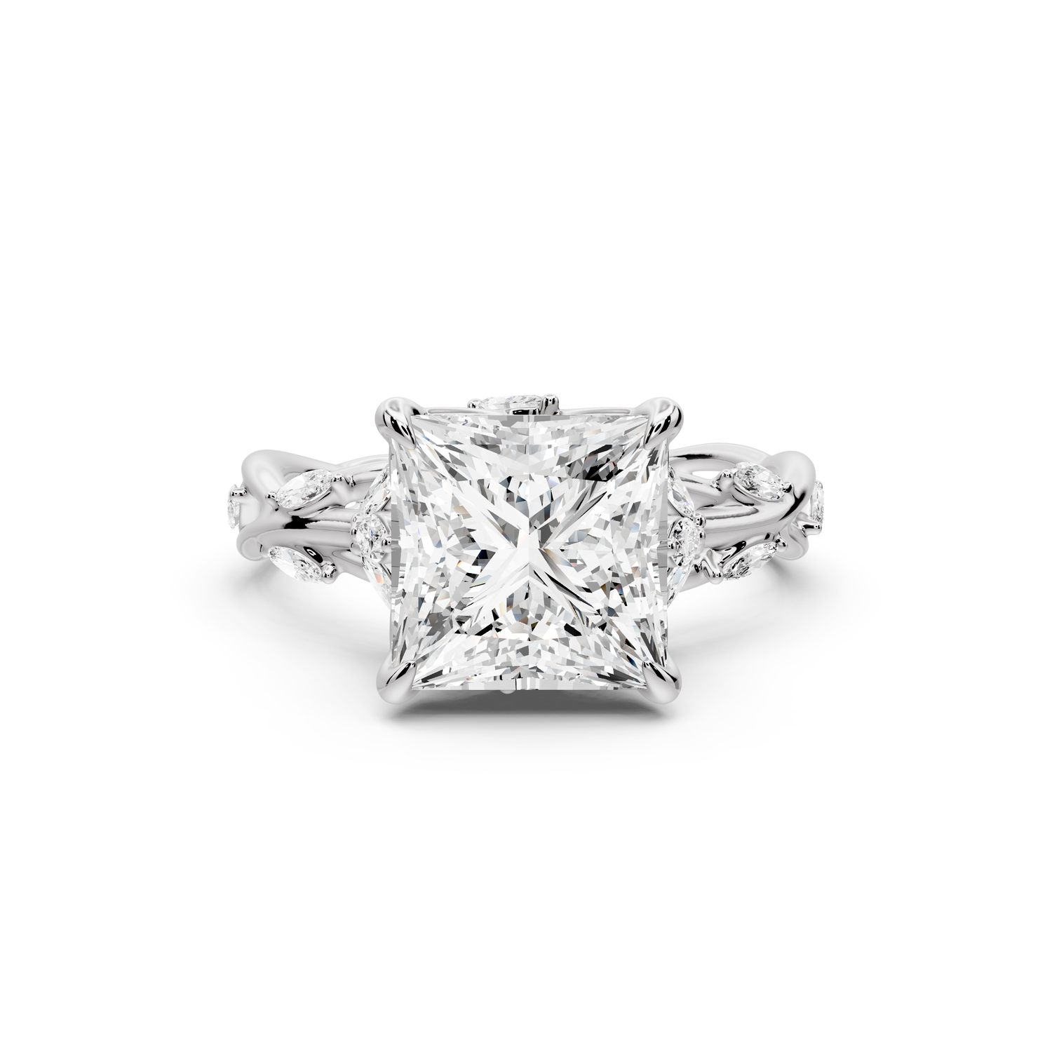 Sarah - 3ct platinum Princess Nature-Inspired Engagement Ring with Sculpted Vine and Leaf Side Stones