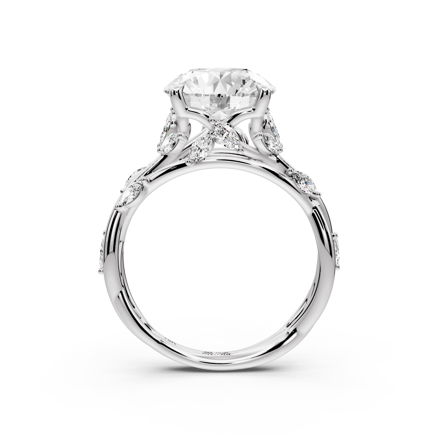 Sarah - 3ct platinum Round Nature-Inspired Engagement Ring with Sculpted Vine and Leaf Side Stones