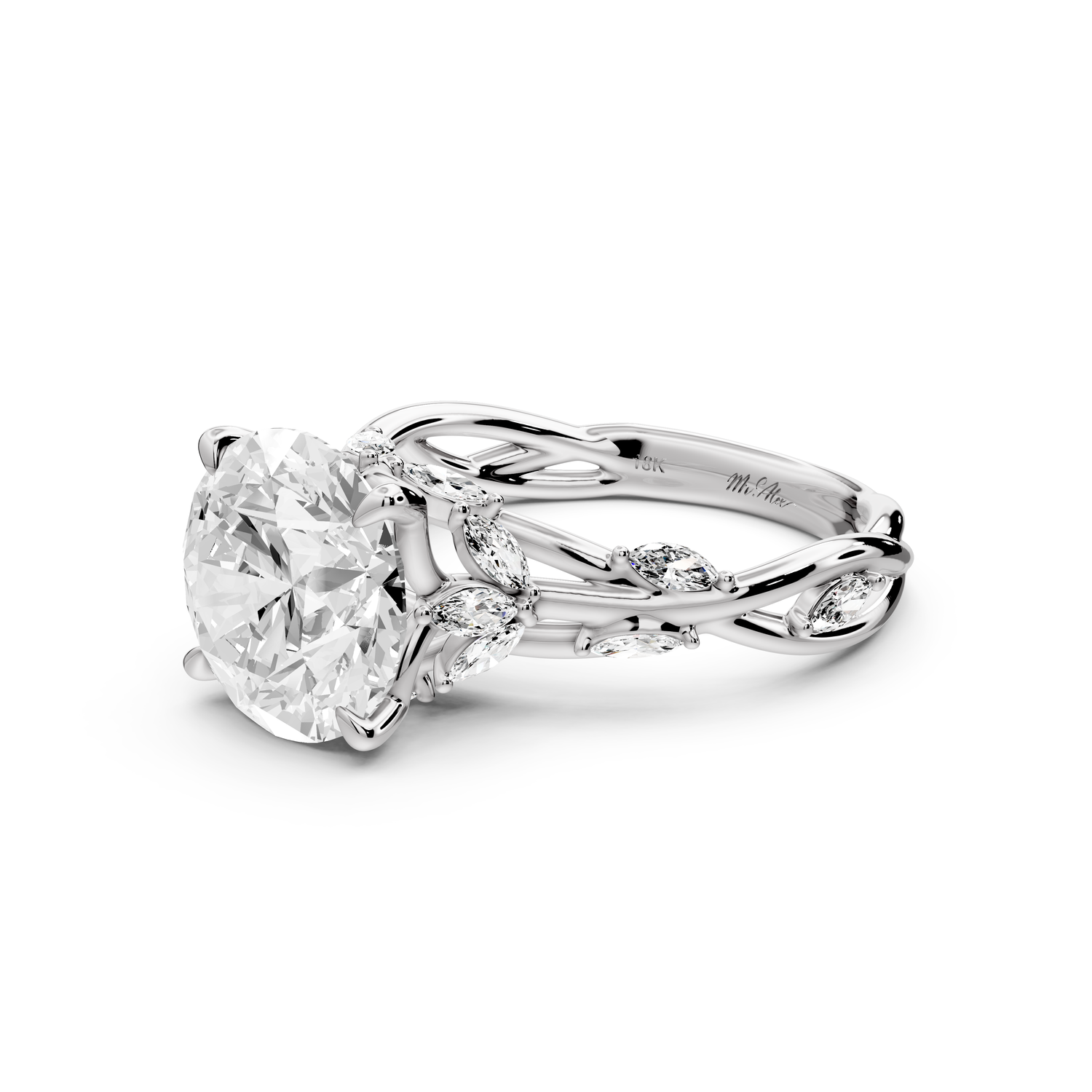 Sarah - 3ct platinum Round Nature-Inspired Engagement Ring with Sculpted Vine and Leaf Side Stones
