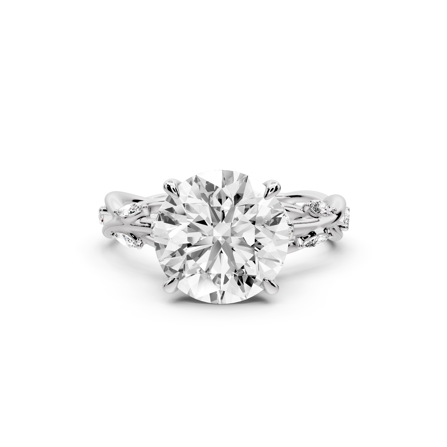 Sarah - 3ct platinum Round Nature-Inspired Engagement Ring with Sculpted Vine and Leaf Side Stones