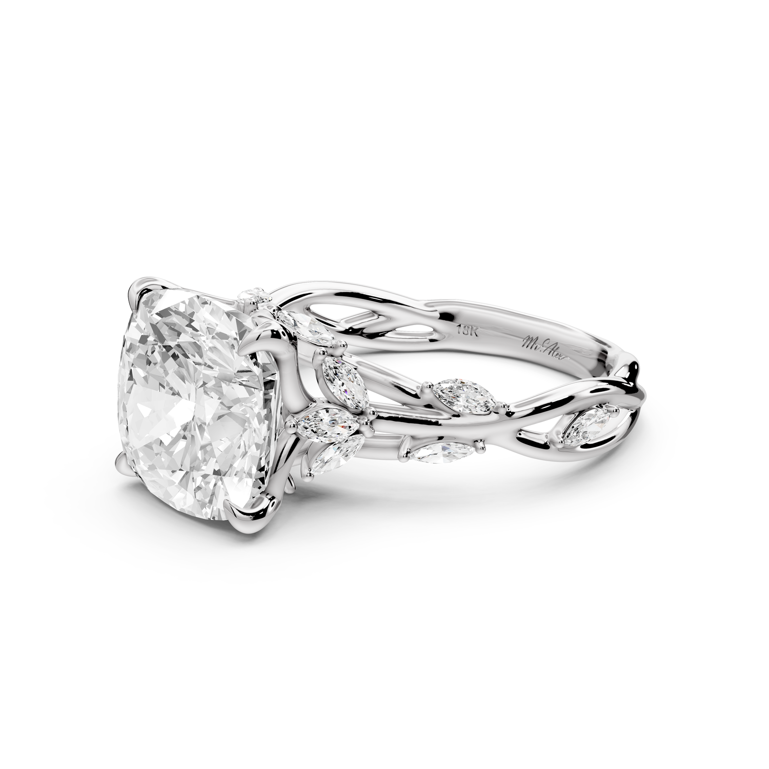 Sarah - 4ct platinum Cushion Nature-Inspired Engagement Ring with Sculpted Vine and Leaf Side Stones