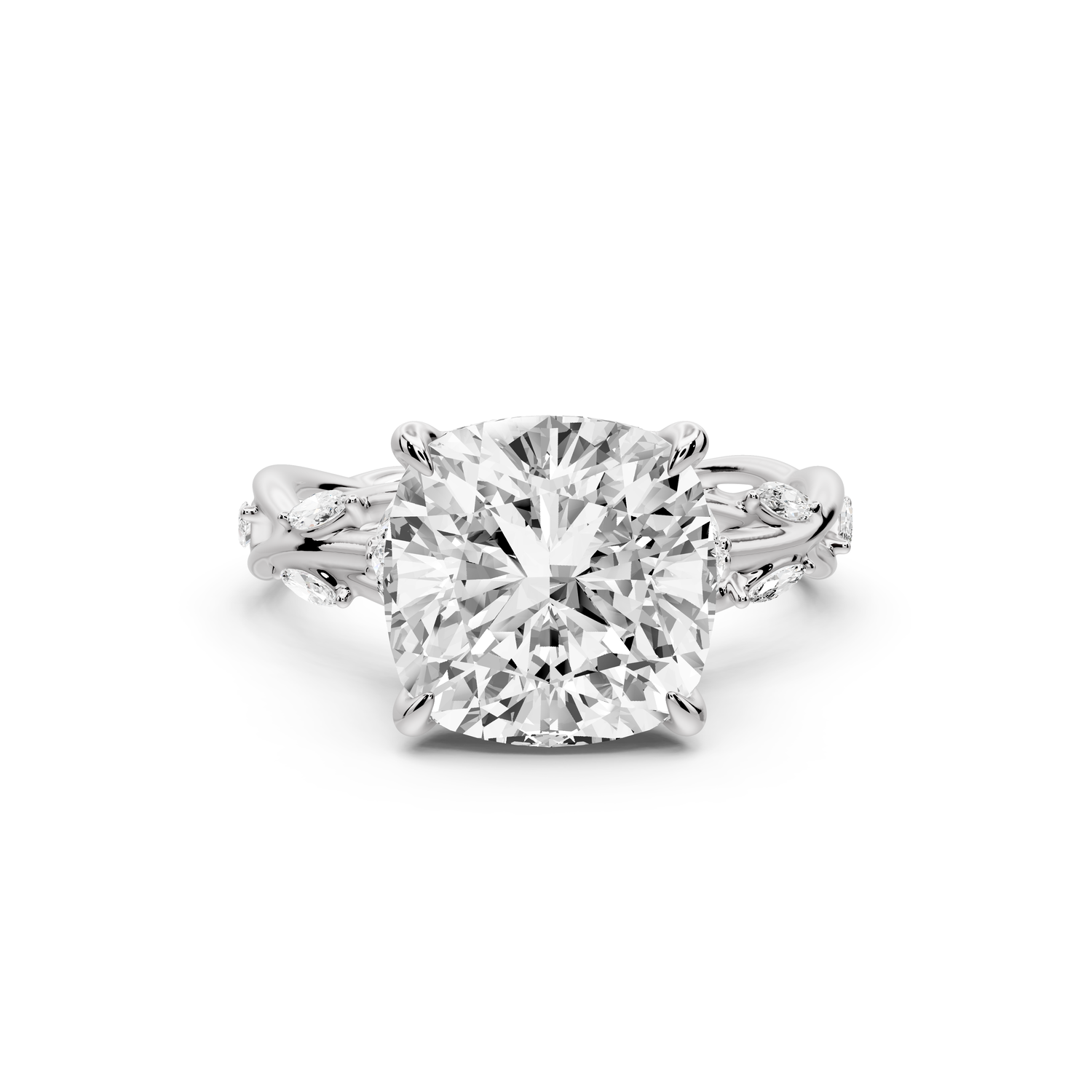 Sarah - 4ct platinum Cushion Nature-Inspired Engagement Ring with Sculpted Vine and Leaf Side Stones