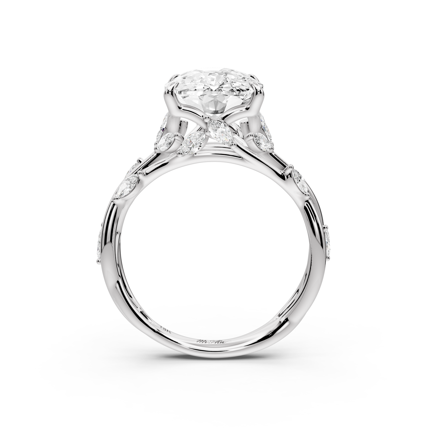 Sarah - 4ct platinum Ecushion Nature-Inspired Engagement Ring with Sculpted Vine and Leaf Side Stones