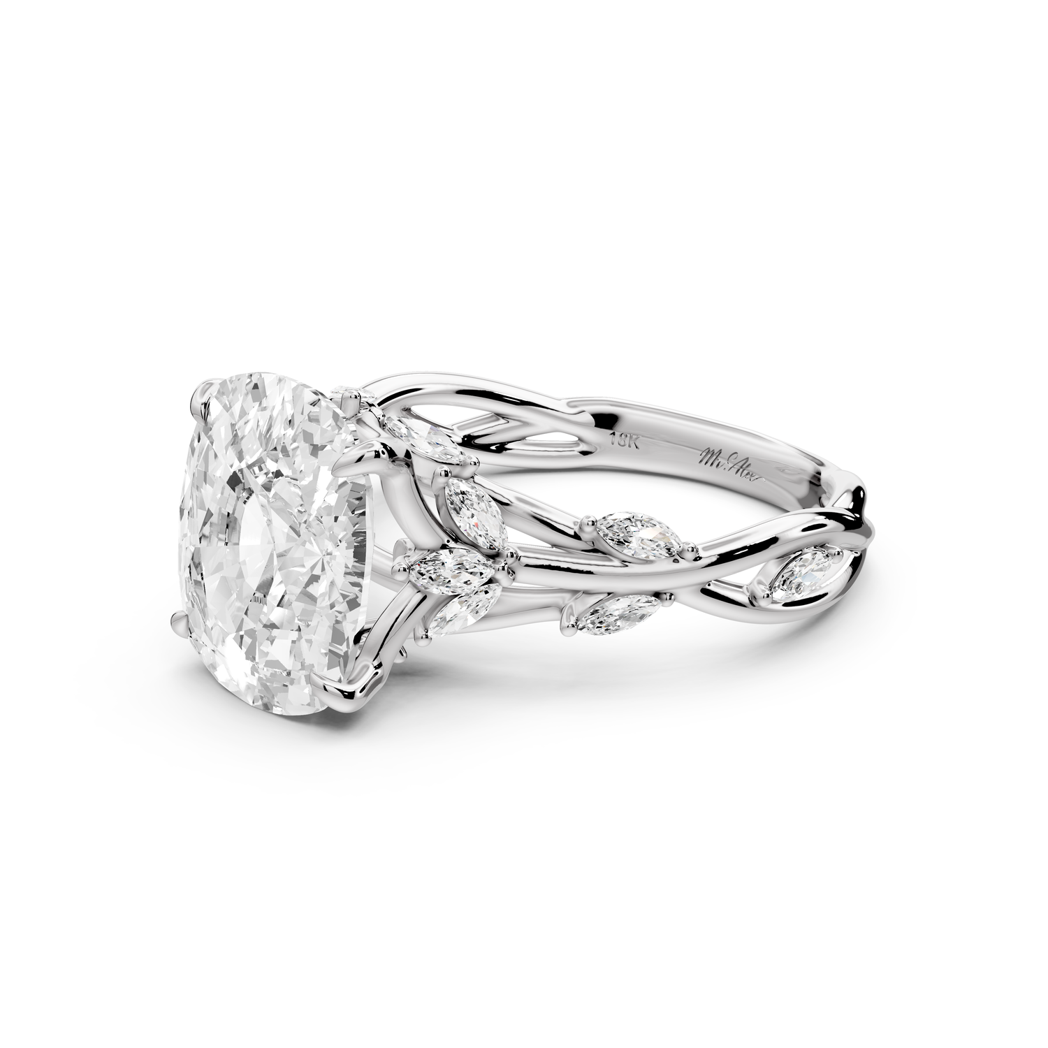 Sarah - 4ct platinum Ecushion Nature-Inspired Engagement Ring with Sculpted Vine and Leaf Side Stones