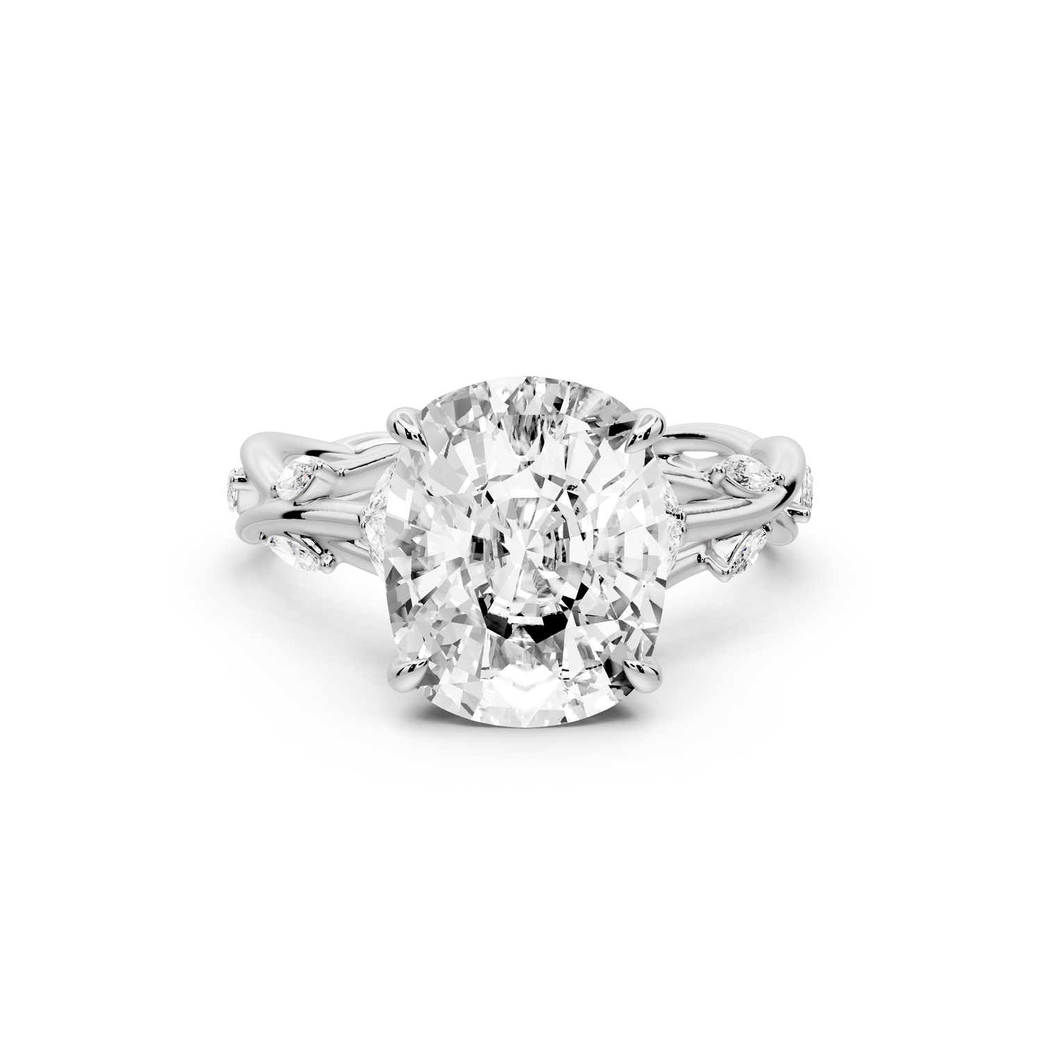 Sarah - 4ct platinum Ecushion Nature-Inspired Engagement Ring with Sculpted Vine and Leaf Side Stones