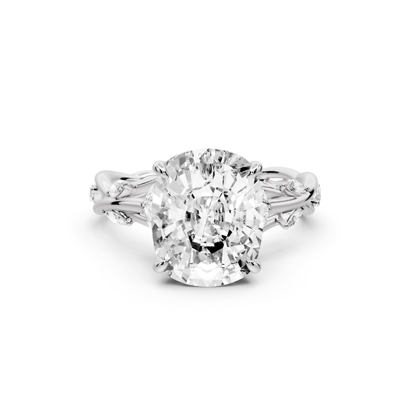 Sarah - 4ct platinum Ecushion Nature-Inspired Engagement Ring with Sculpted Vine and Leaf Side Stones