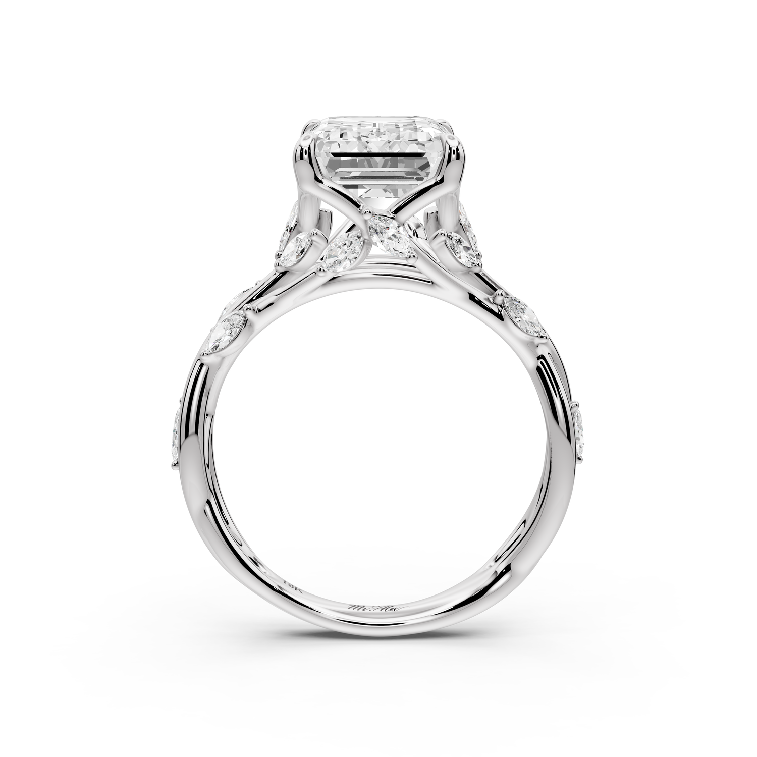 Sarah - 4ct platinum Emerald Nature-Inspired Engagement Ring with Sculpted Vine and Leaf Side Stones