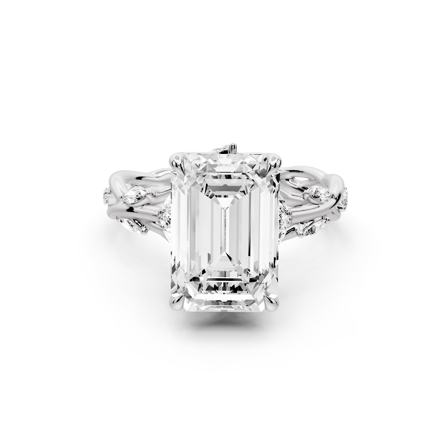 Sarah - 4ct platinum Emerald Nature-Inspired Engagement Ring with Sculpted Vine and Leaf Side Stones