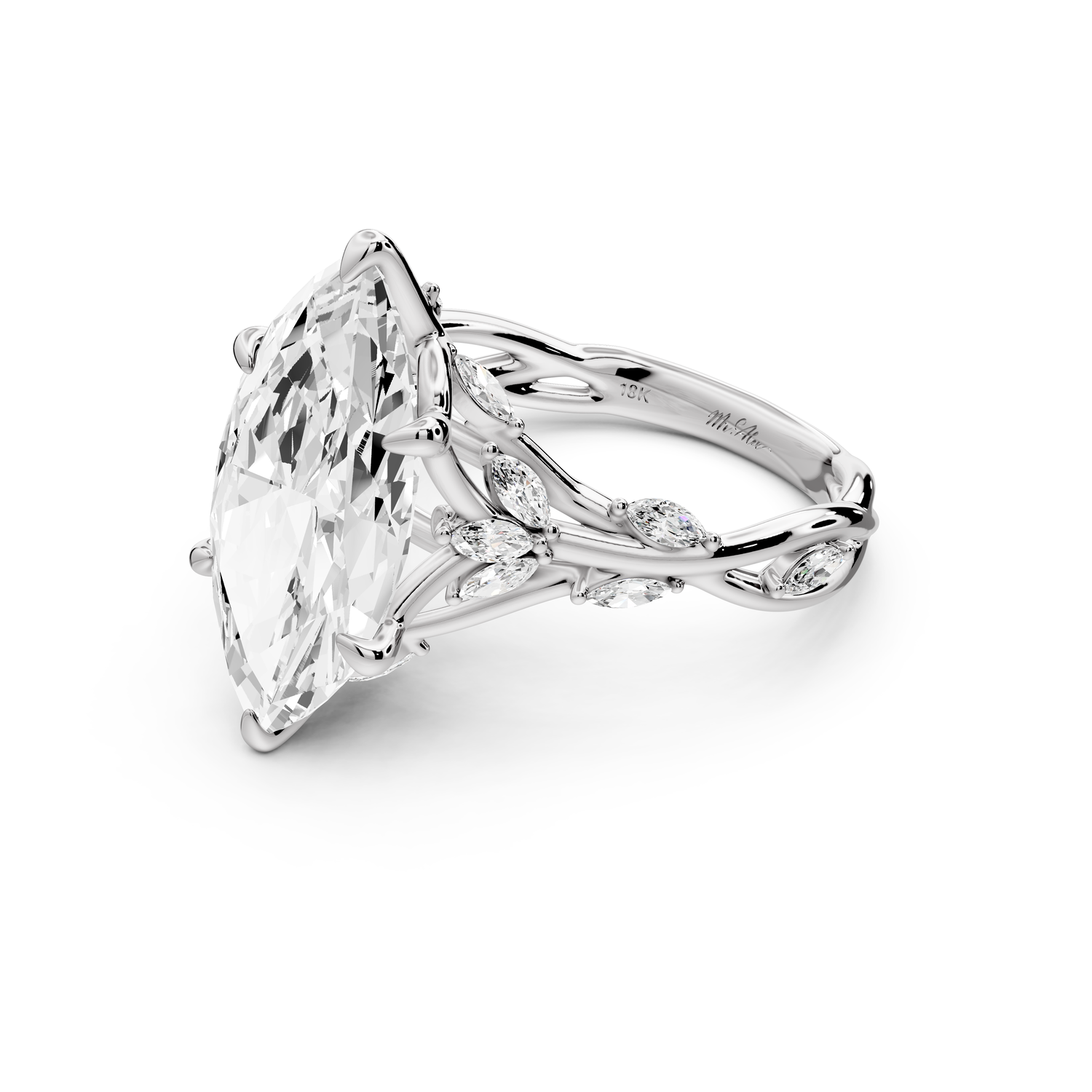 Sarah - 4ct platinum Marquise Nature-Inspired Engagement Ring with Sculpted Vine and Leaf Side Stones