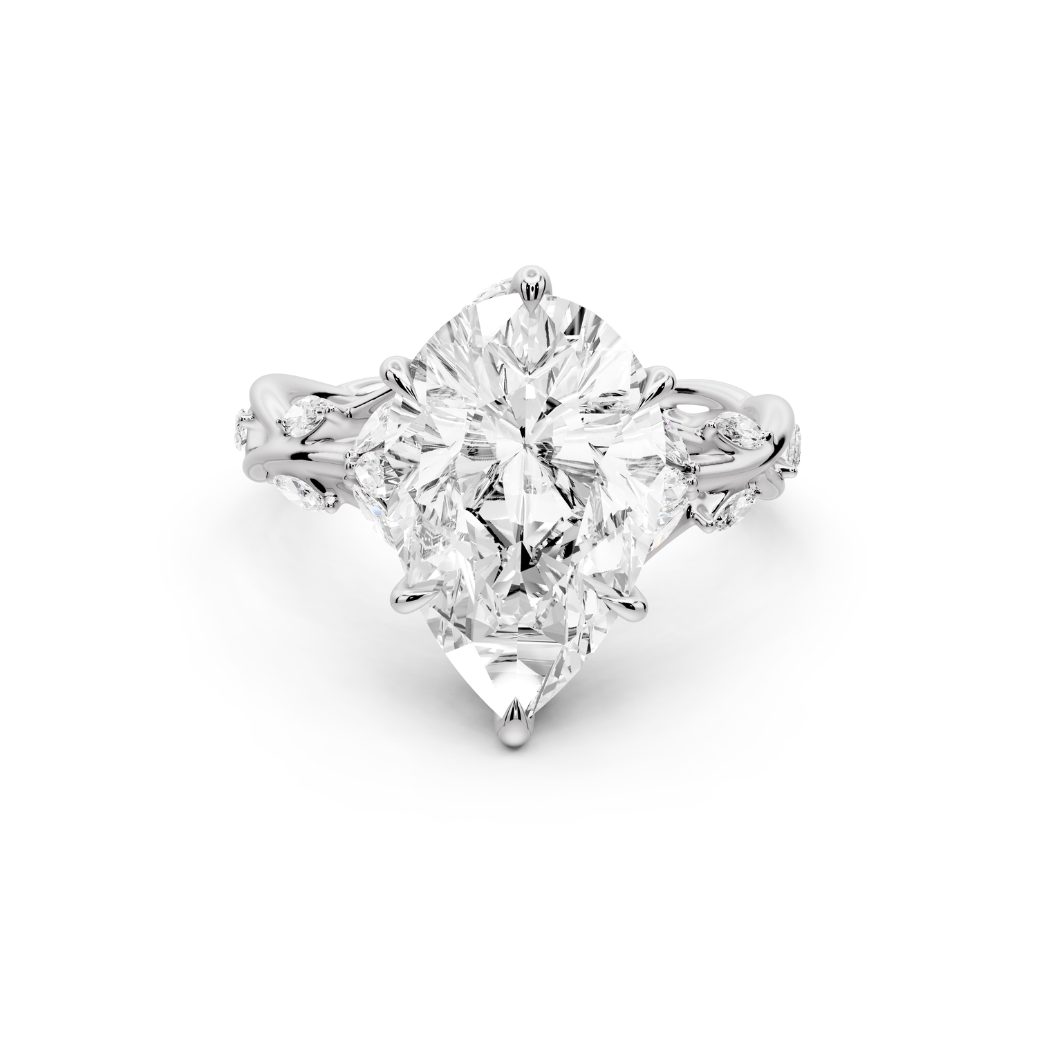 Sarah - 4ct platinum Pear Nature-Inspired Engagement Ring with Sculpted Vine and Leaf Side Stones