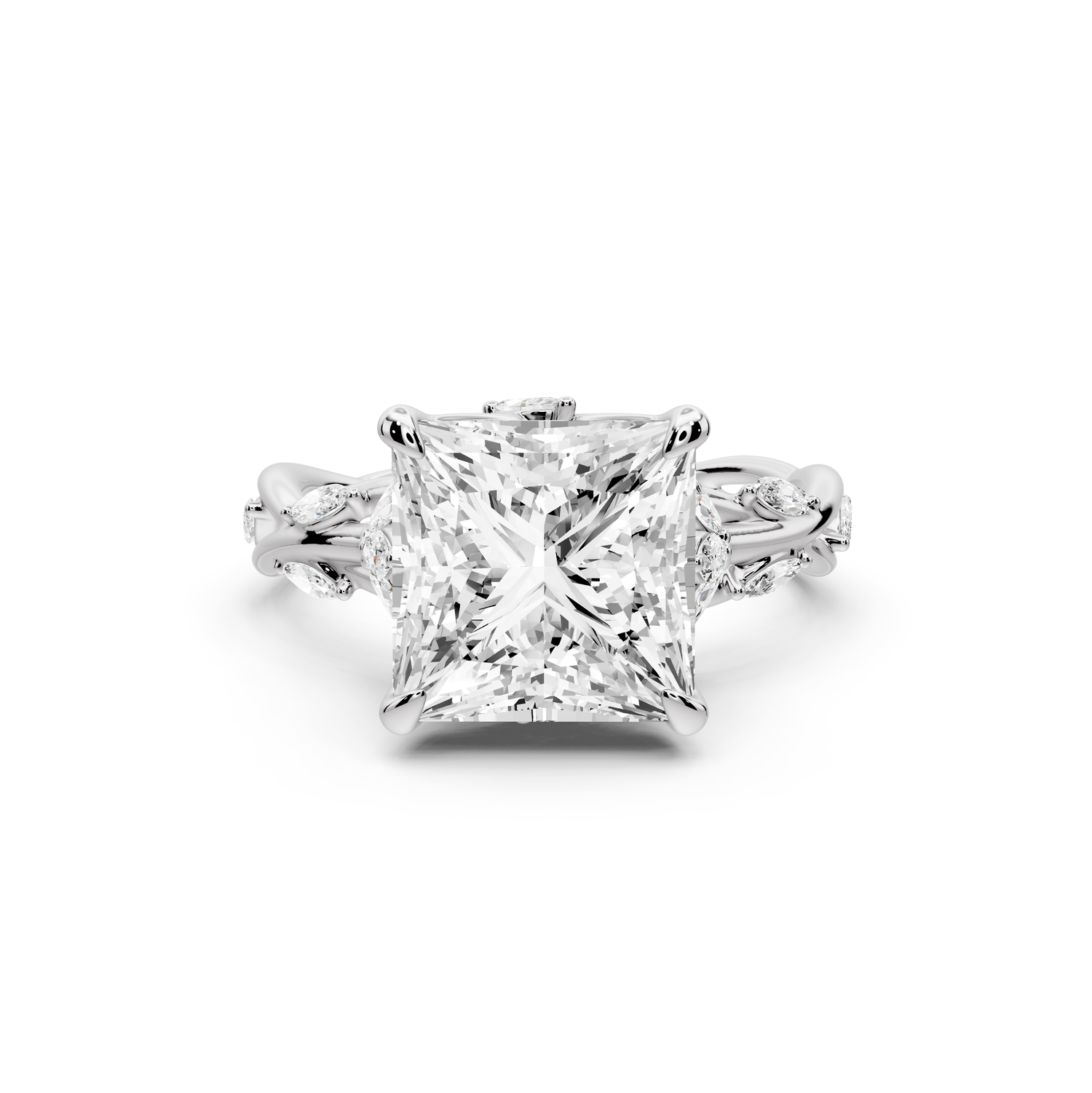 Sarah - 4ct platinum Princess Nature-Inspired Engagement Ring with Sculpted Vine and Leaf Side Stones