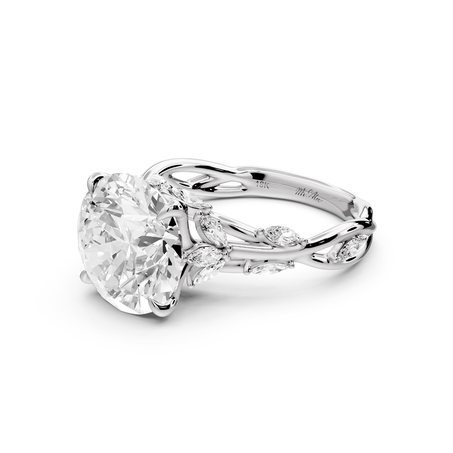 Sarah - 4ct platinum Round Nature-Inspired Engagement Ring with Sculpted Vine and Leaf Side Stones