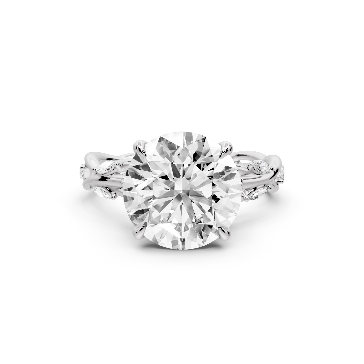 Sarah - 4ct platinum Round Nature-Inspired Engagement Ring with Sculpted Vine and Leaf Side Stones