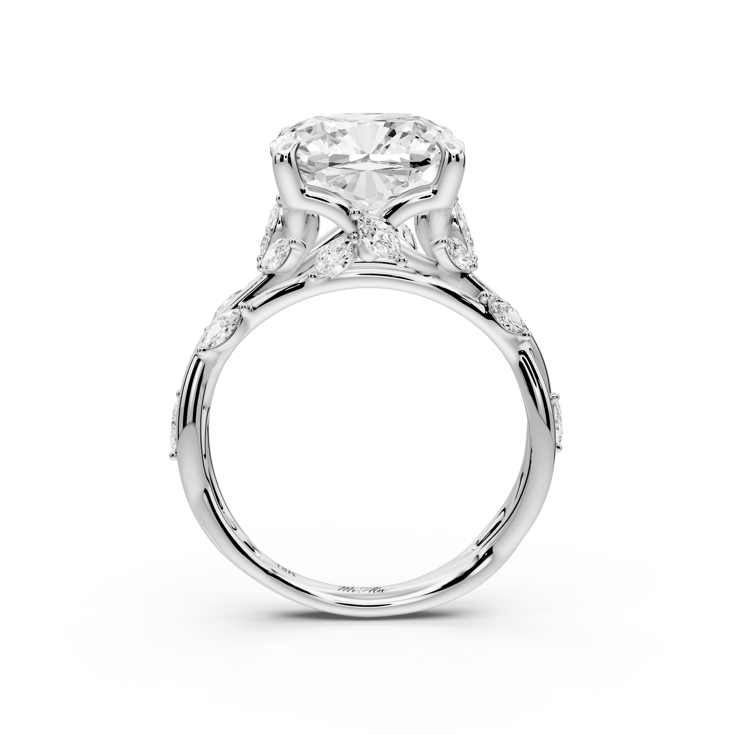 Sarah - 5ct platinum Cushion Nature-Inspired Engagement Ring with Sculpted Vine and Leaf Side Stones