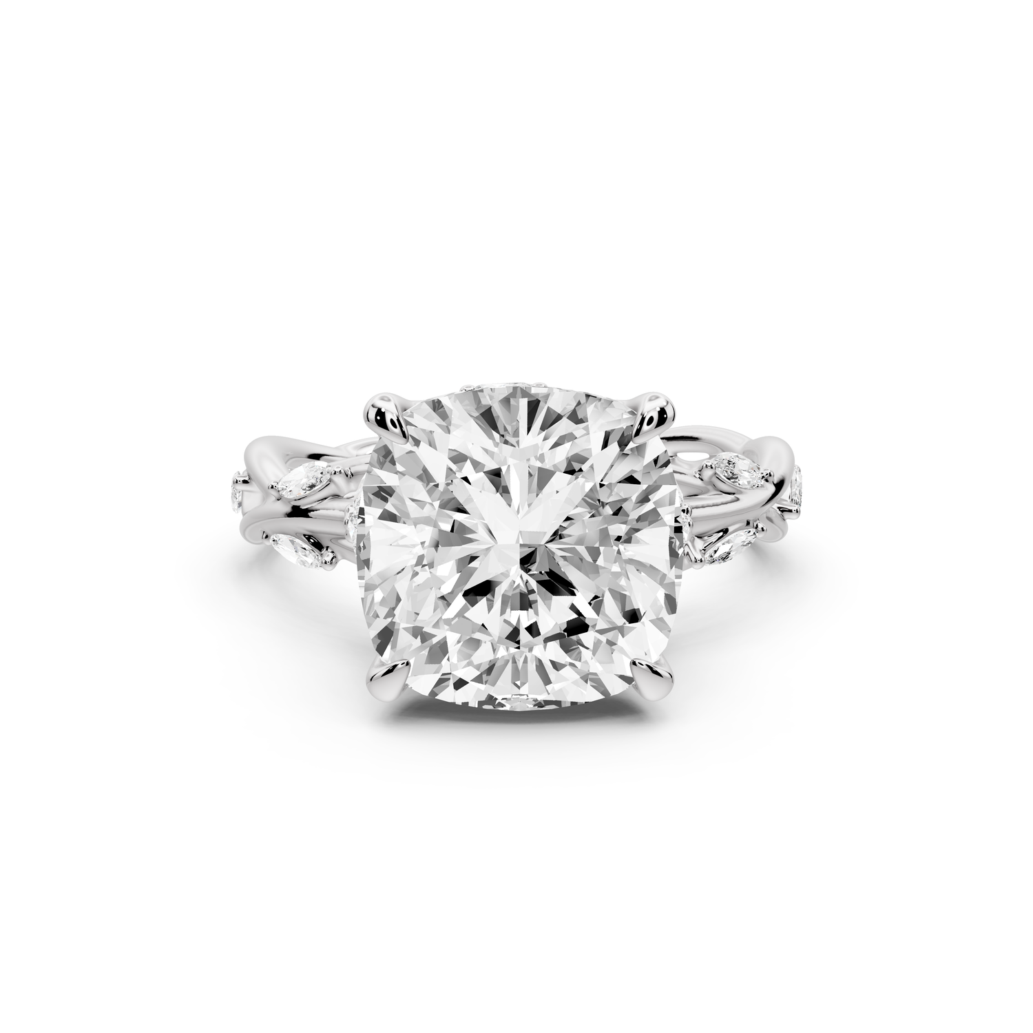 Sarah - 5ct platinum Cushion Nature-Inspired Engagement Ring with Sculpted Vine and Leaf Side Stones