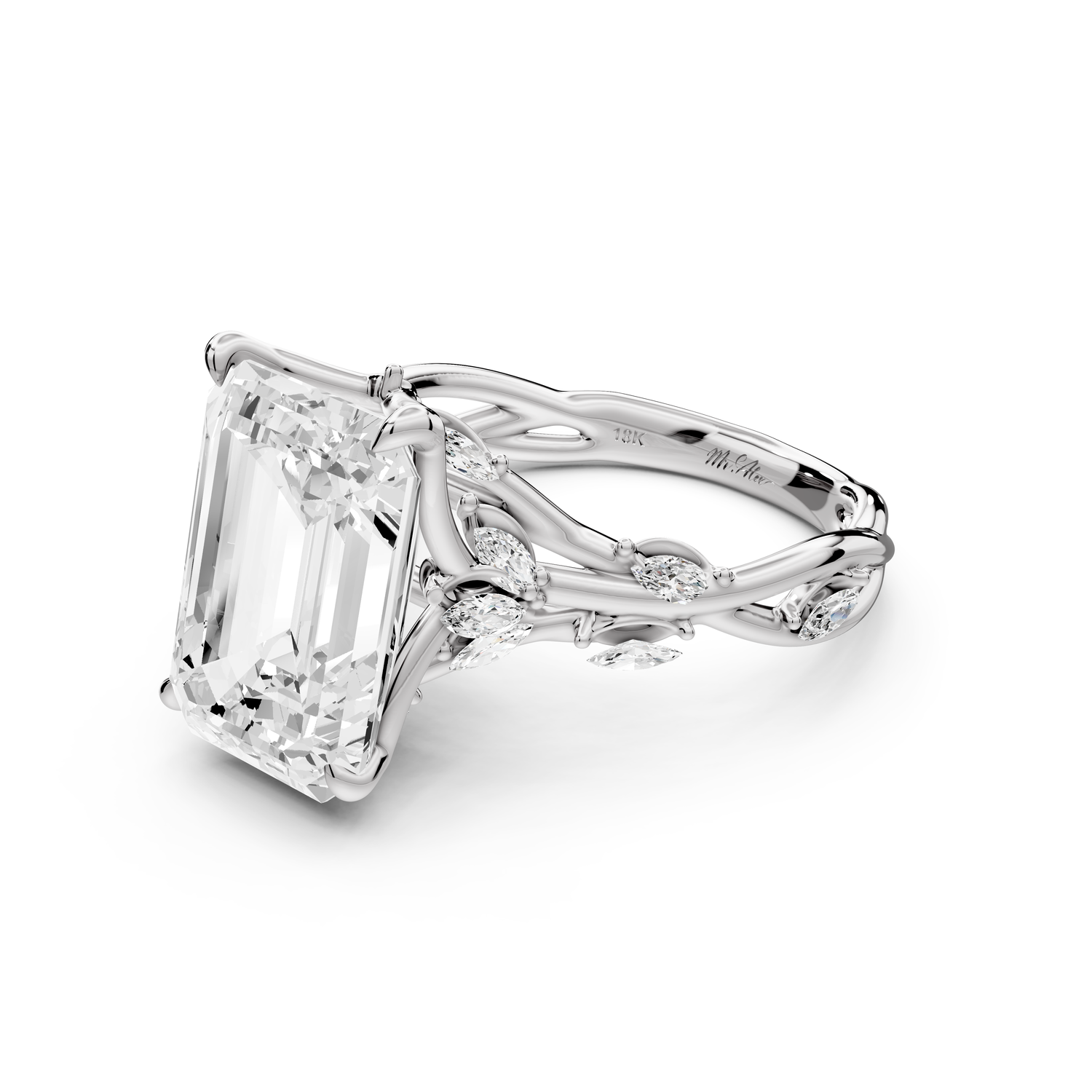 Sarah - 5ct platinum Emerald Nature-Inspired Engagement Ring with Sculpted Vine and Leaf Side Stones