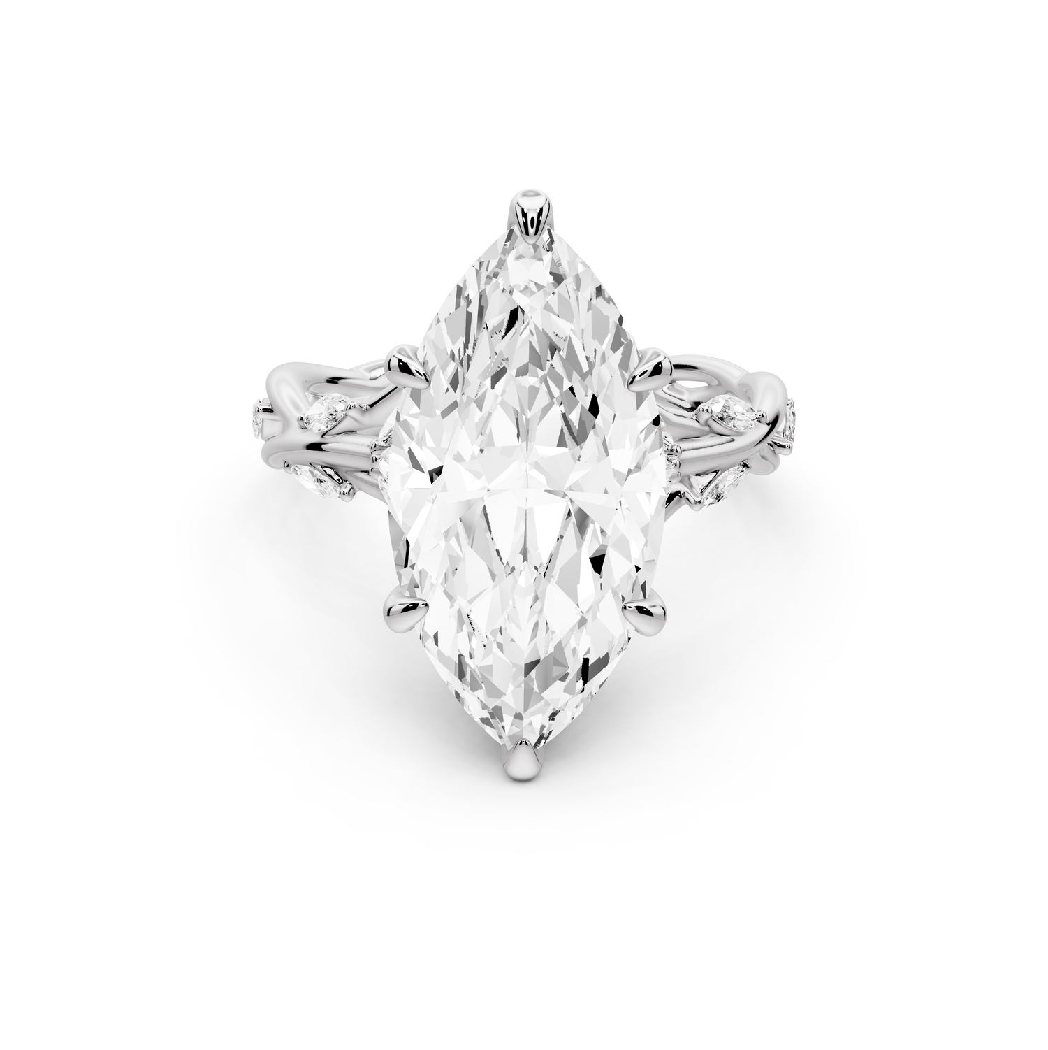 Sarah - 5ct platinum Marquise Nature-Inspired Engagement Ring with Sculpted Vine and Leaf Side Stones